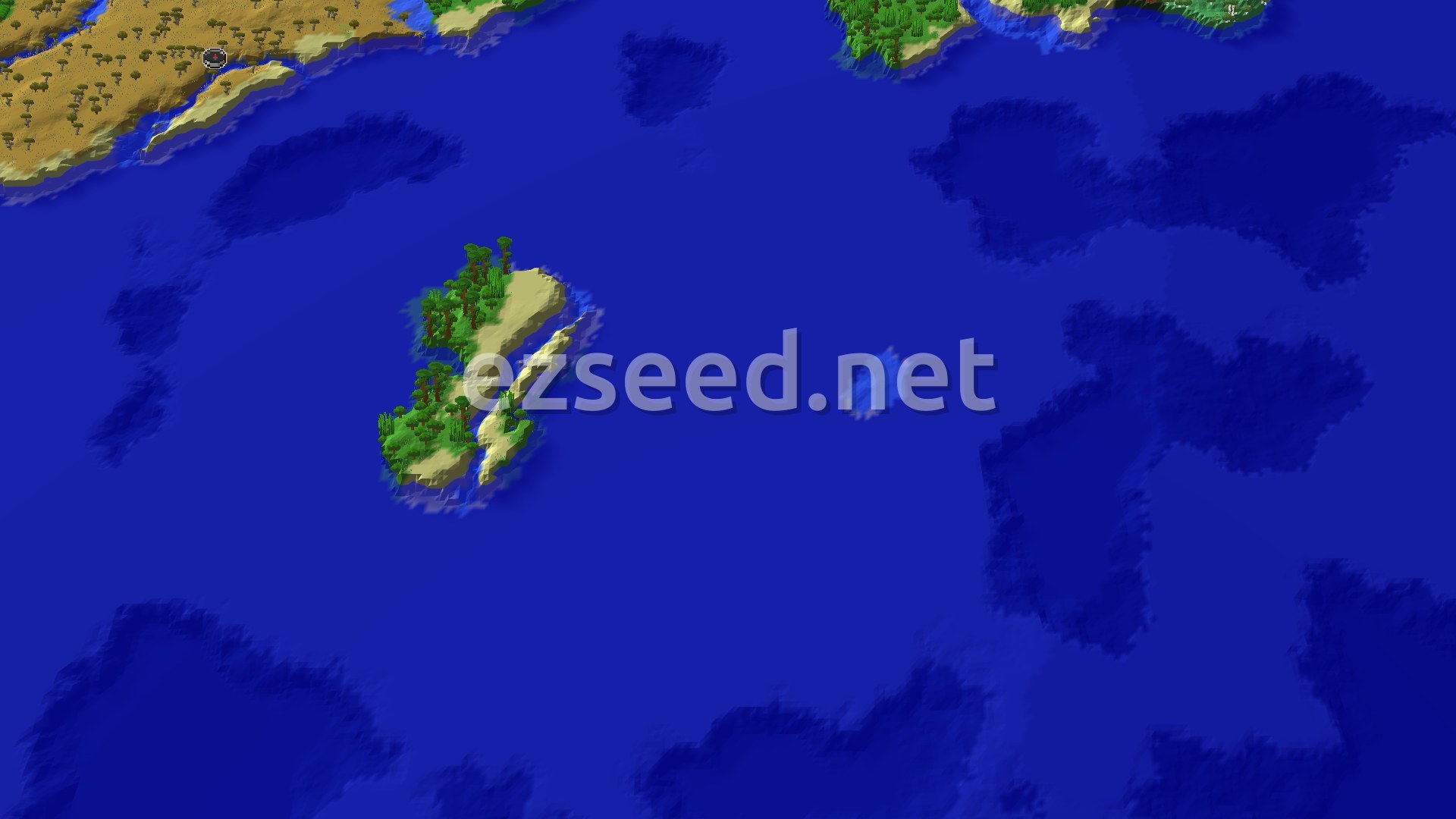 A 3D fly-over of the seed's spawn area, showing a savanna shoreline next to a large ocean and a smaller island. A small spawn marker indicates your starting location.