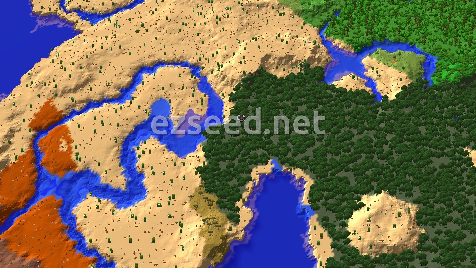 An aerial view of a varied landscape, featuring a large, dense green forest next to a sandy desert with scattered cacti. A winding river flows through the desert, eventually opening into a larger body of blue water. The terrain includes some hills and elevated areas, with a distinct color change where the desert meets the forest.