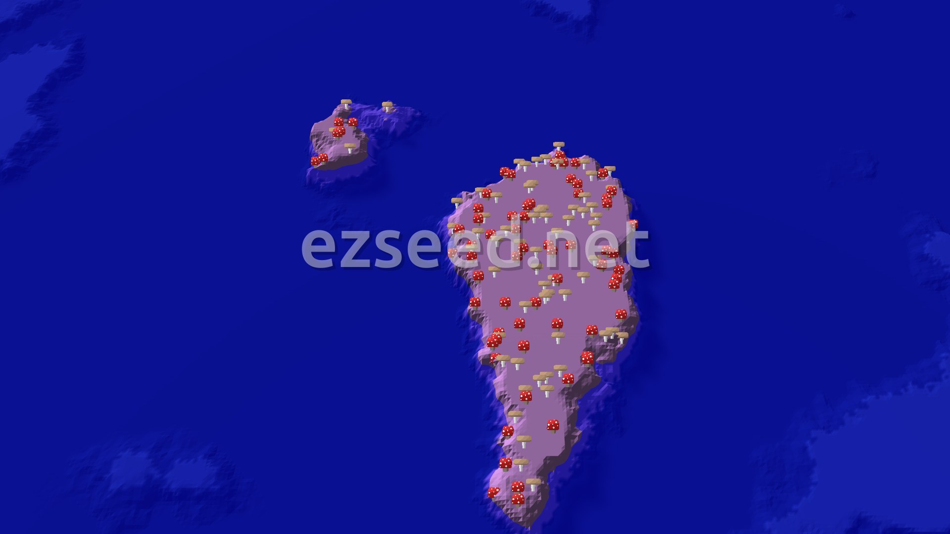 An overhead 3D view shows a large, irregularly shaped island covered in red and brown mushrooms, surrounded by deep blue ocean water. A smaller mushroom island is visible to the northwest.
