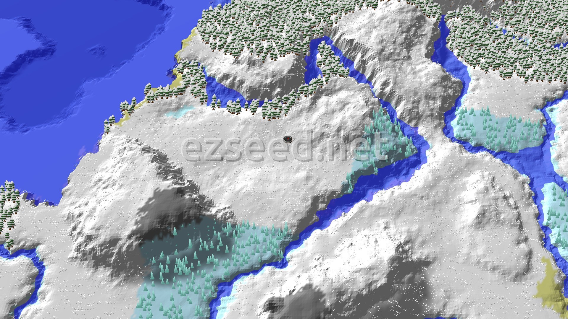 A 3D fly-over rendering of a snowy, mountainous landscape with rivers, sparse trees, and a distant ocean, centered on a small spawn marker.