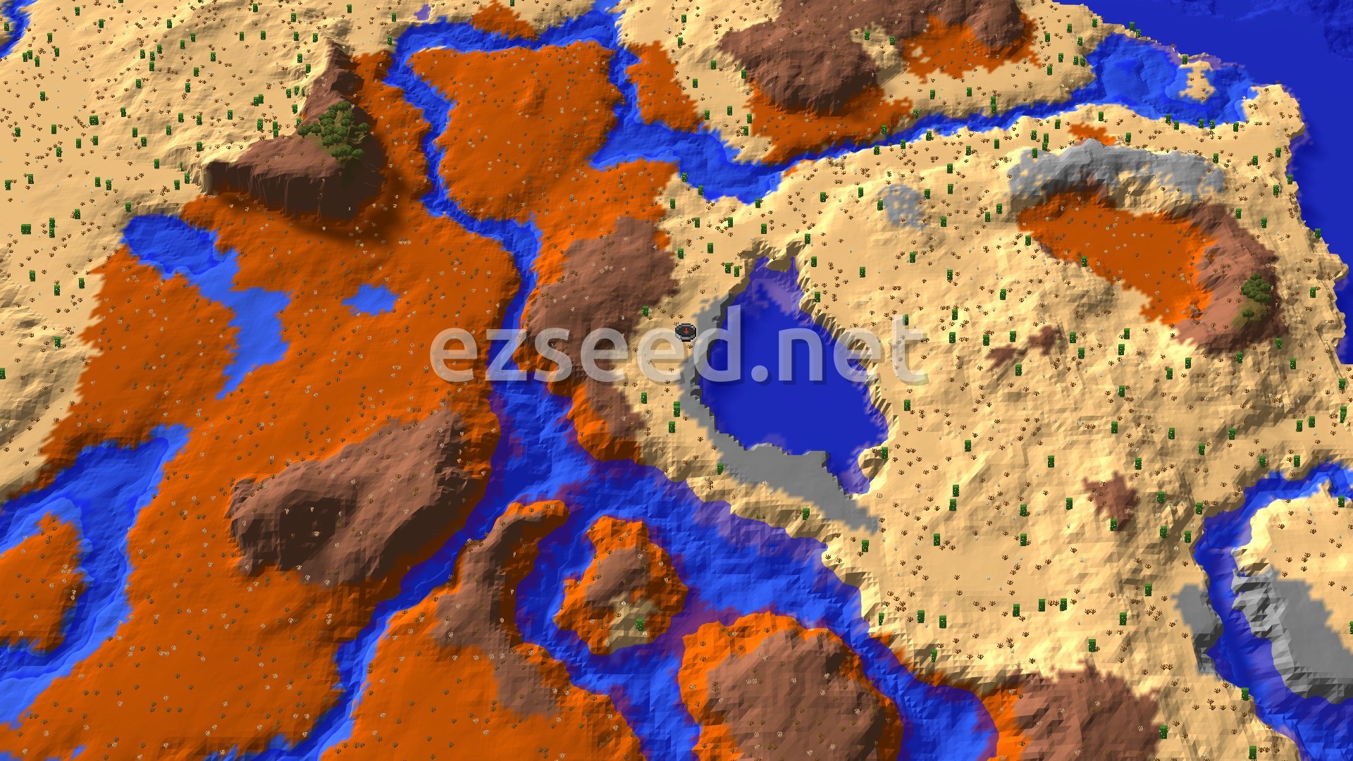 An aerial view of a desert landscape interspersed with reddish-brown badlands and blue water channels, with scattered small green plants.