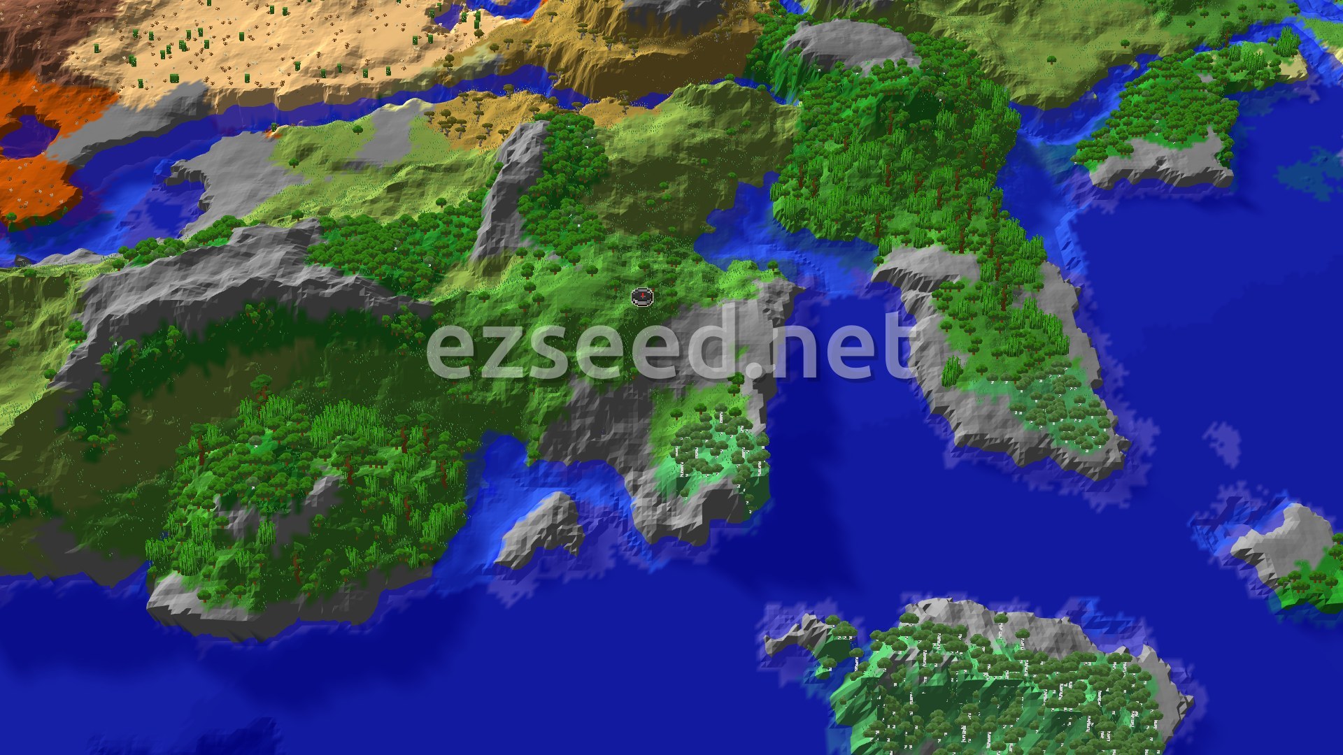 A 3D aerial view of a Minecraft world, showing a diverse landscape with dense green jungles, some grey rocky hills, and large expanses of blue ocean. A small spawn marker is visible in the central jungle area.