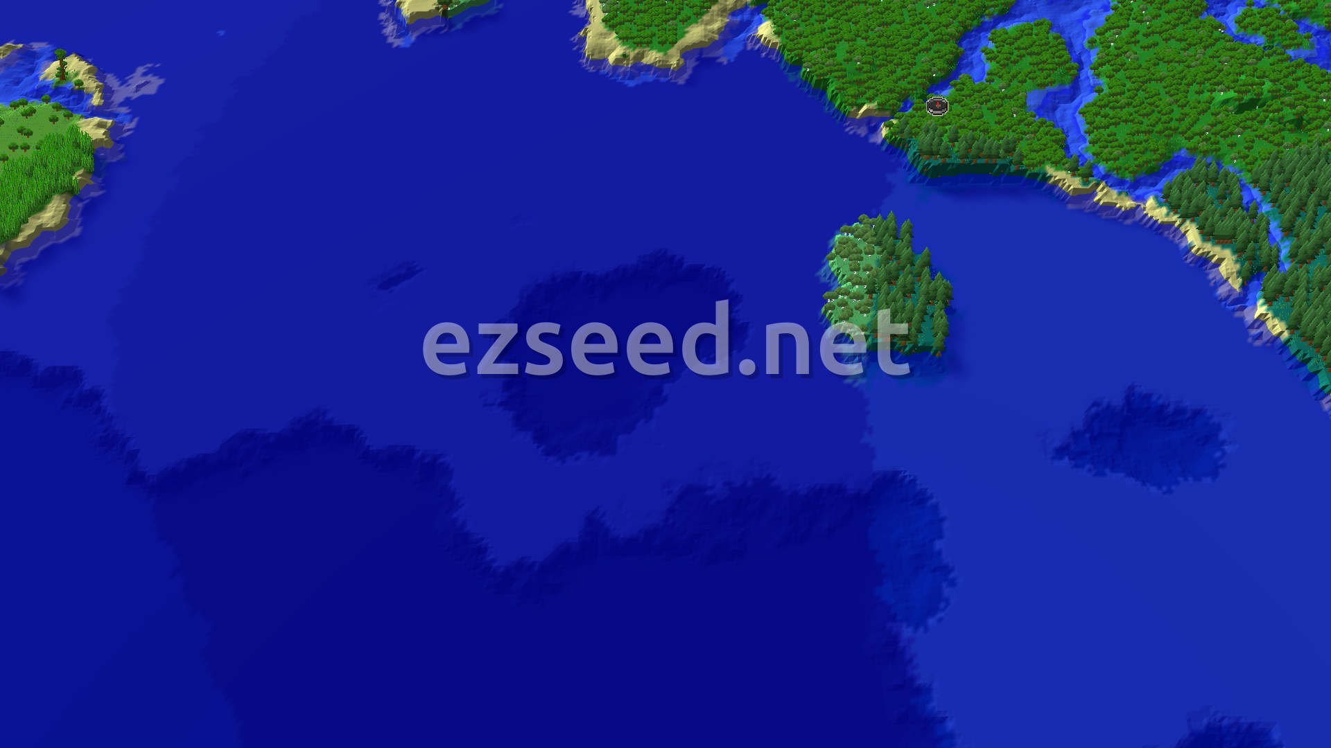 An aerial view of a forested landmass meeting a large ocean, with a small island of trees in the distance.