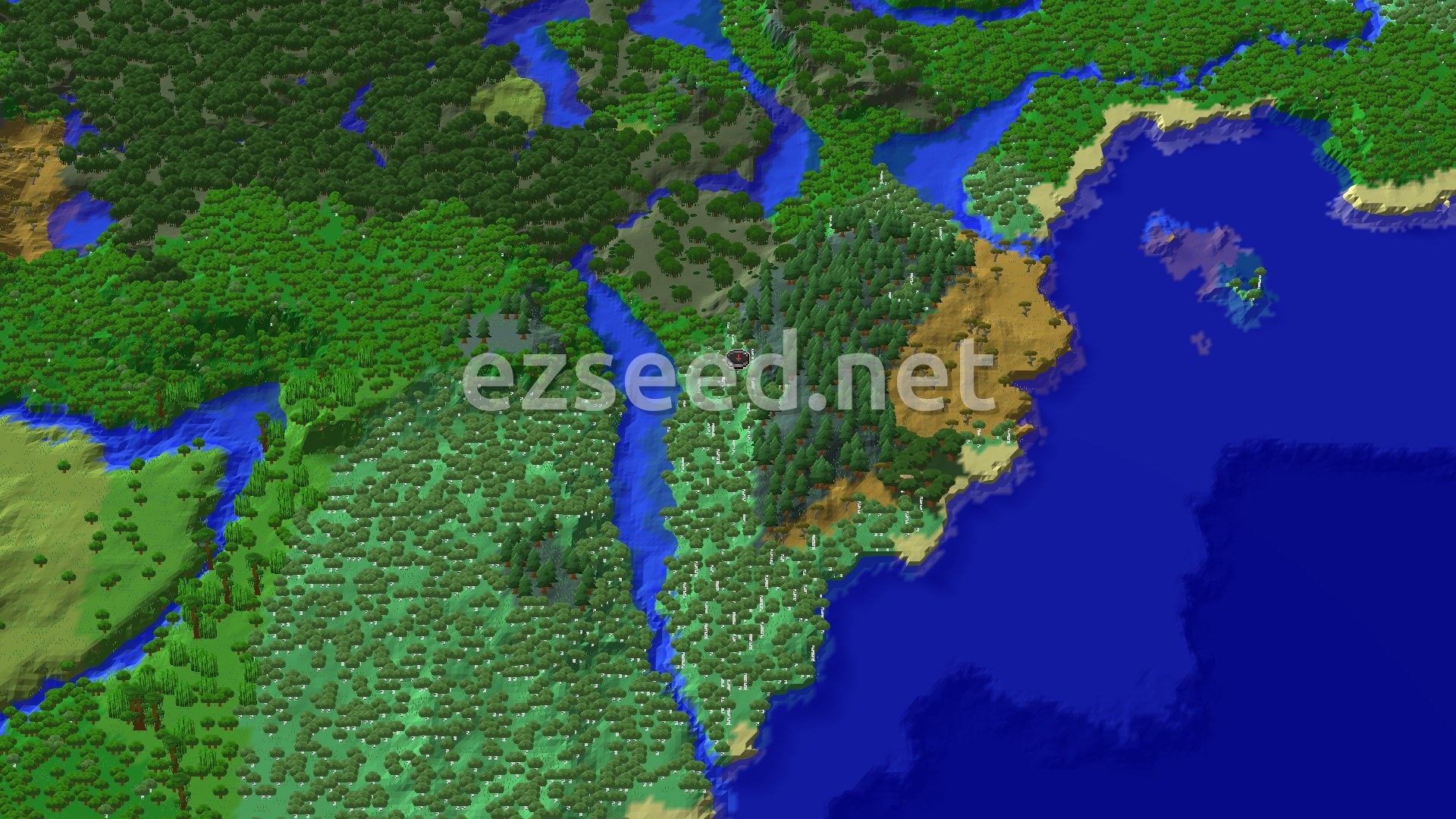 An aerial view of a varied landscape, showing dense forests, rivers, and a coastline with beaches and open ocean. A small marker indicates the spawn point in a wooded area.
