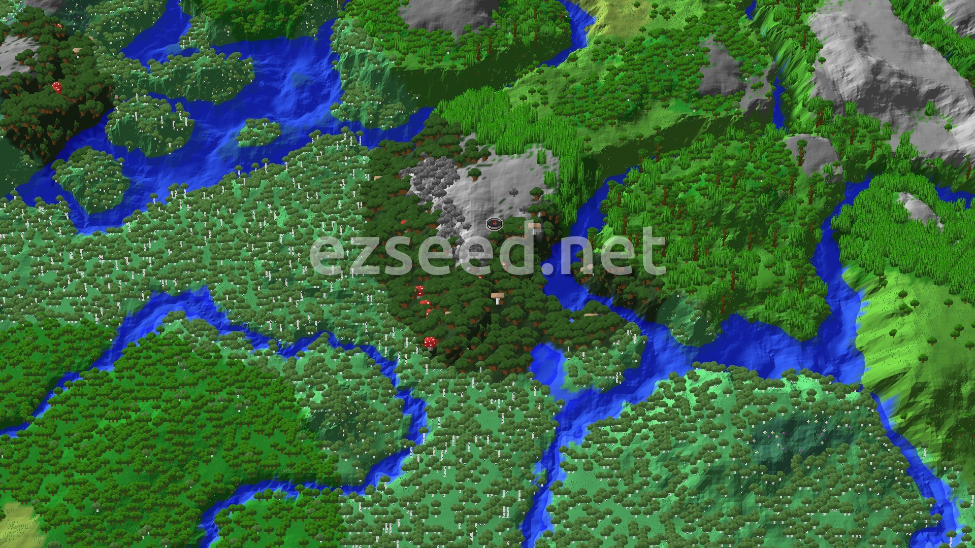 An aerial view of a vibrant Minecraft world, showcasing a mix of dense green forests, winding blue rivers, and a prominent gray mountainous area near the center where a small spawn marker is visible.