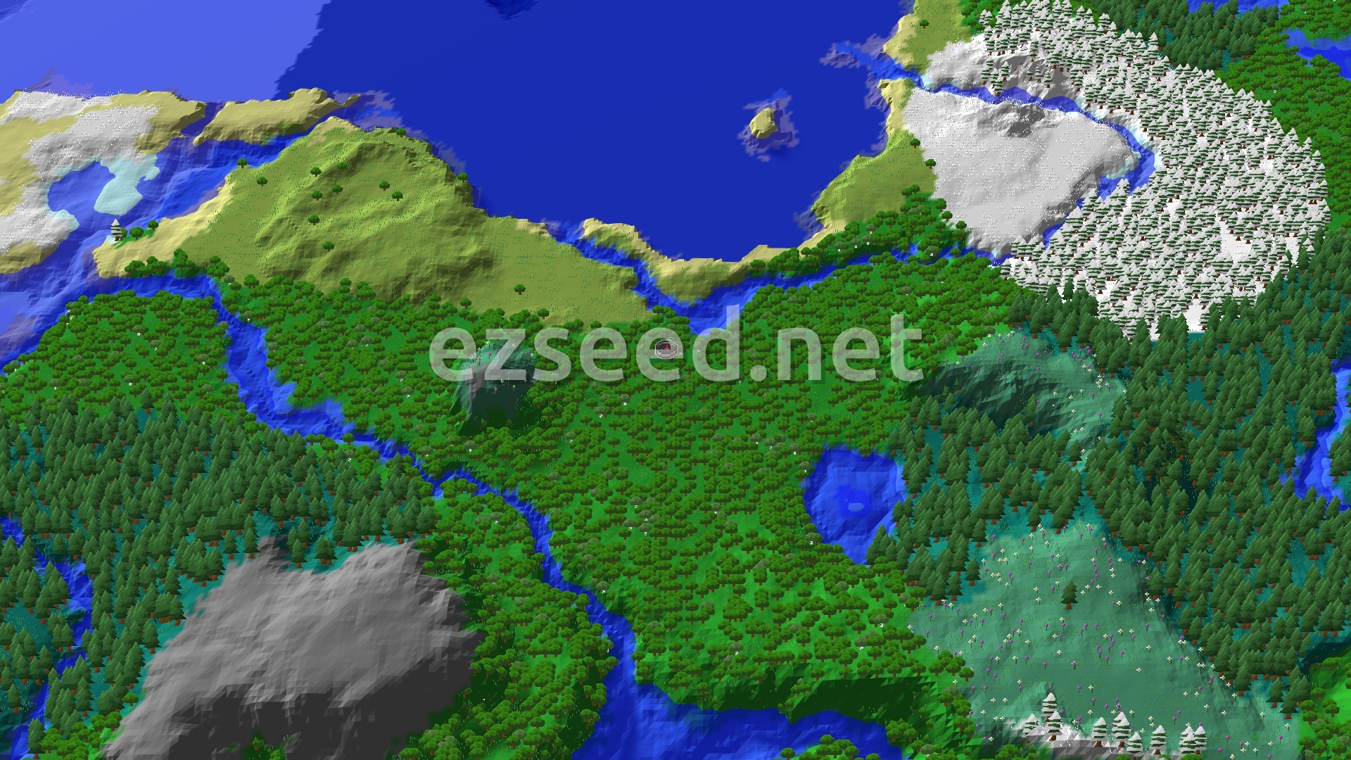An aerial view of a mostly forested landscape with a river winding through it and a large snowy area to the northeast.