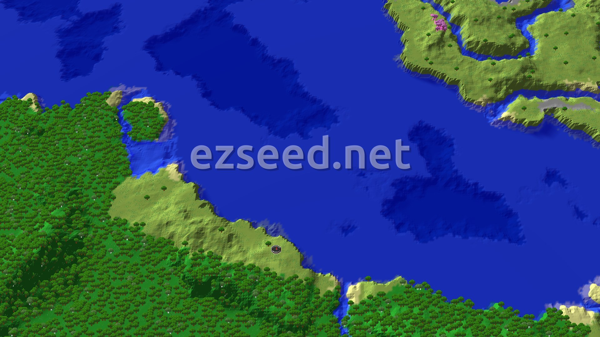 An aerial view of a varied landscape, with large bodies of water, sandy beaches, lush green forests, and flat plains under a clear sky.