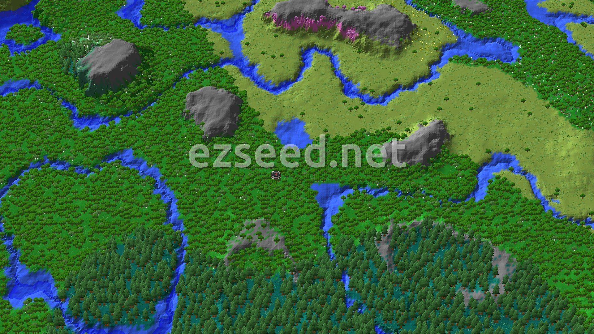 An aerial view of a mostly flat forested landscape, crisscrossed by rivers, with a few rocky hills and a pink-hued mountain range in the distance. A small spawn marker sits in the center.
