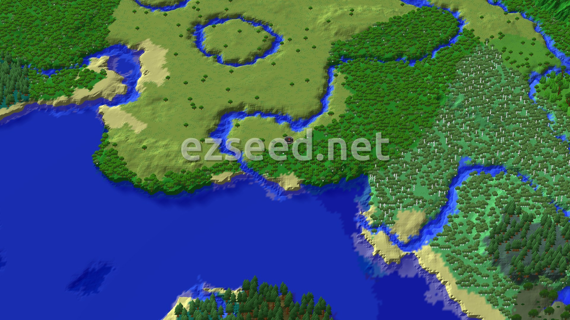An aerial view of a varied landscape, with a large ocean, sandy beaches, lush green forests, and flat plains intersected by winding rivers. A small marker indicates the spawn point.