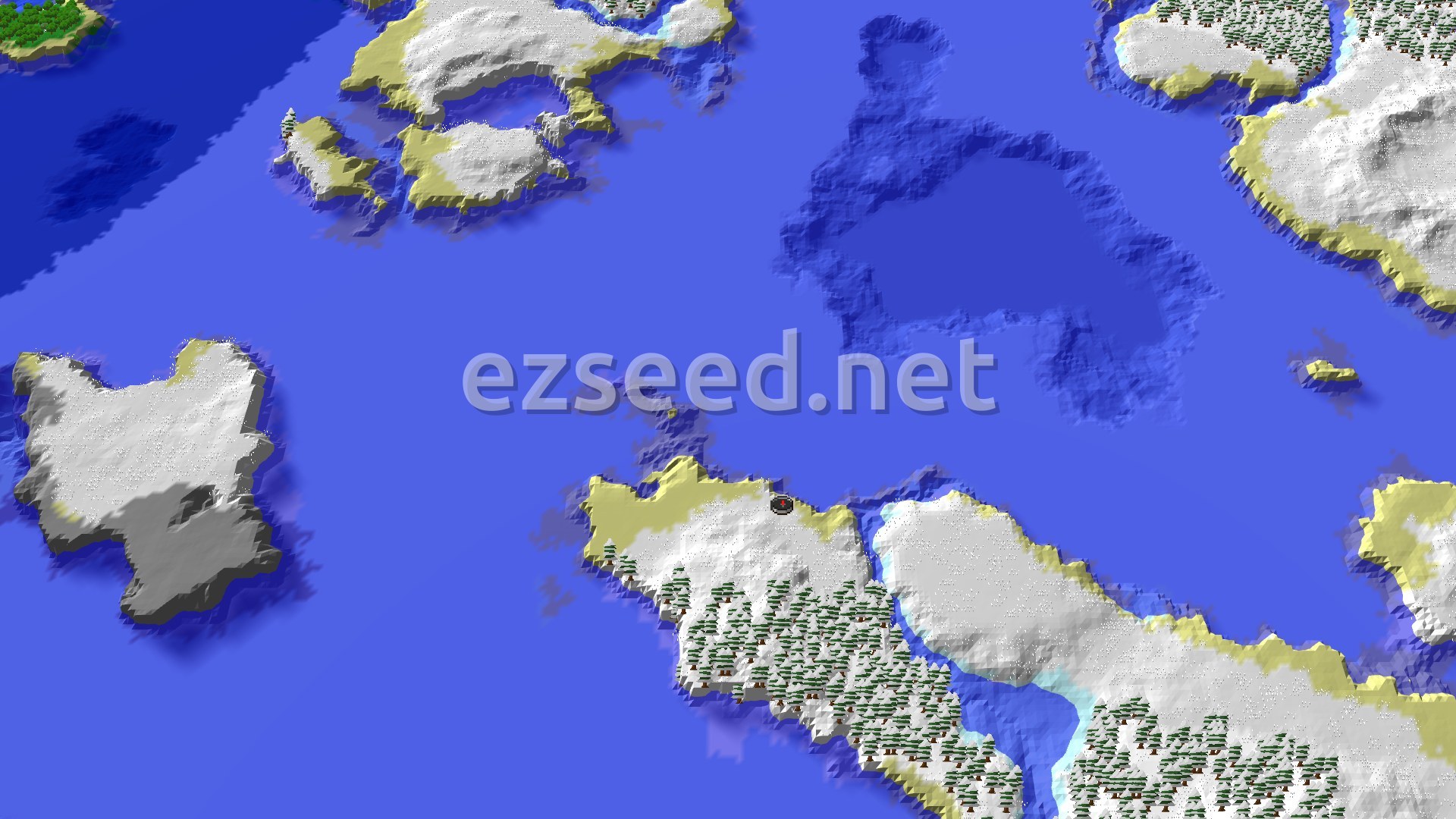 A bird's eye view of a large, snow-covered island with patches of snowy taiga trees and sandy beaches, surrounded by blue ocean water. A small spawn marker sits near the center.
