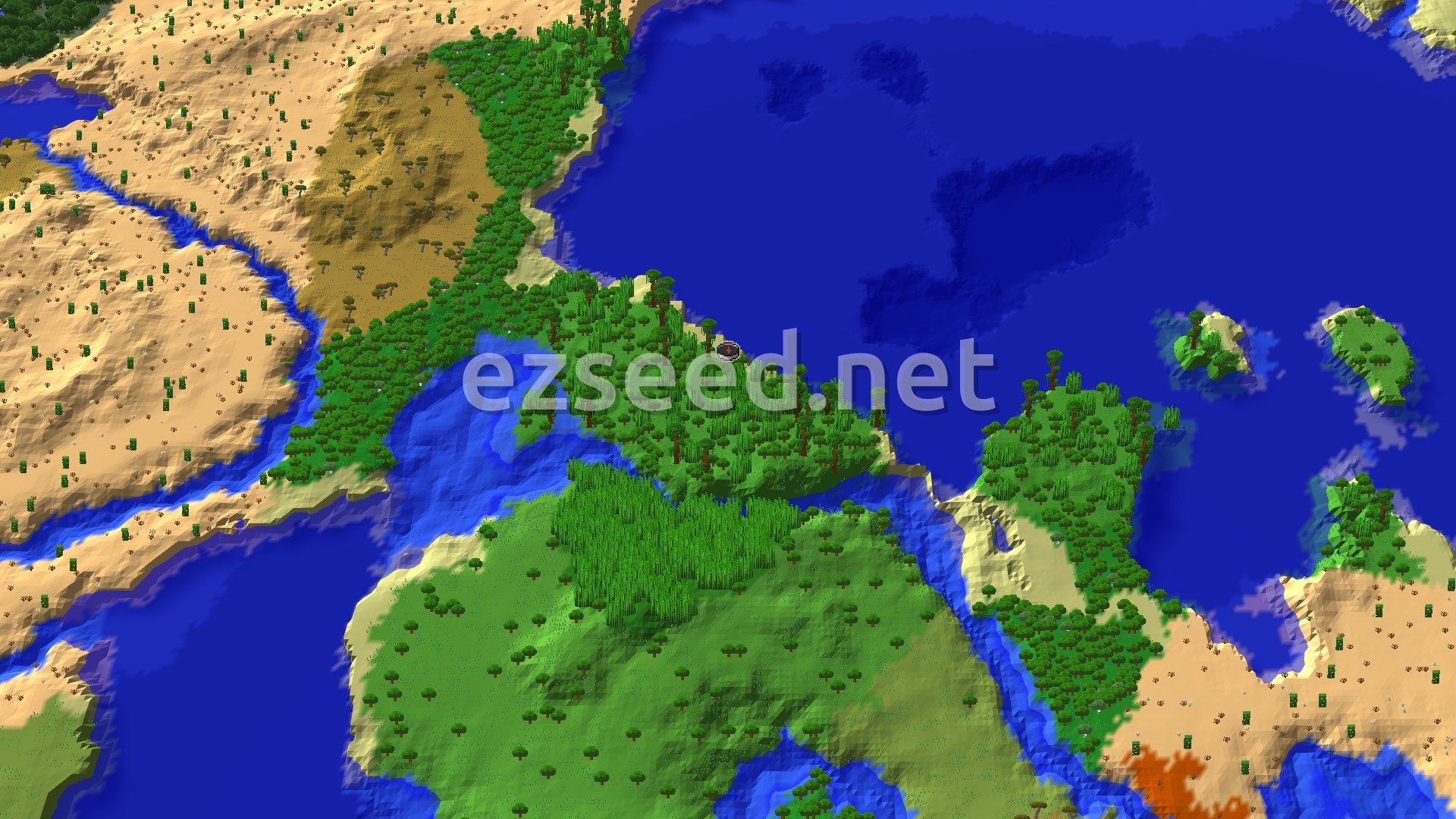 An aerial view of a varied landscape, featuring a dense green jungle, light sandy beaches, and large expanses of deep blue ocean, with scattered islands.