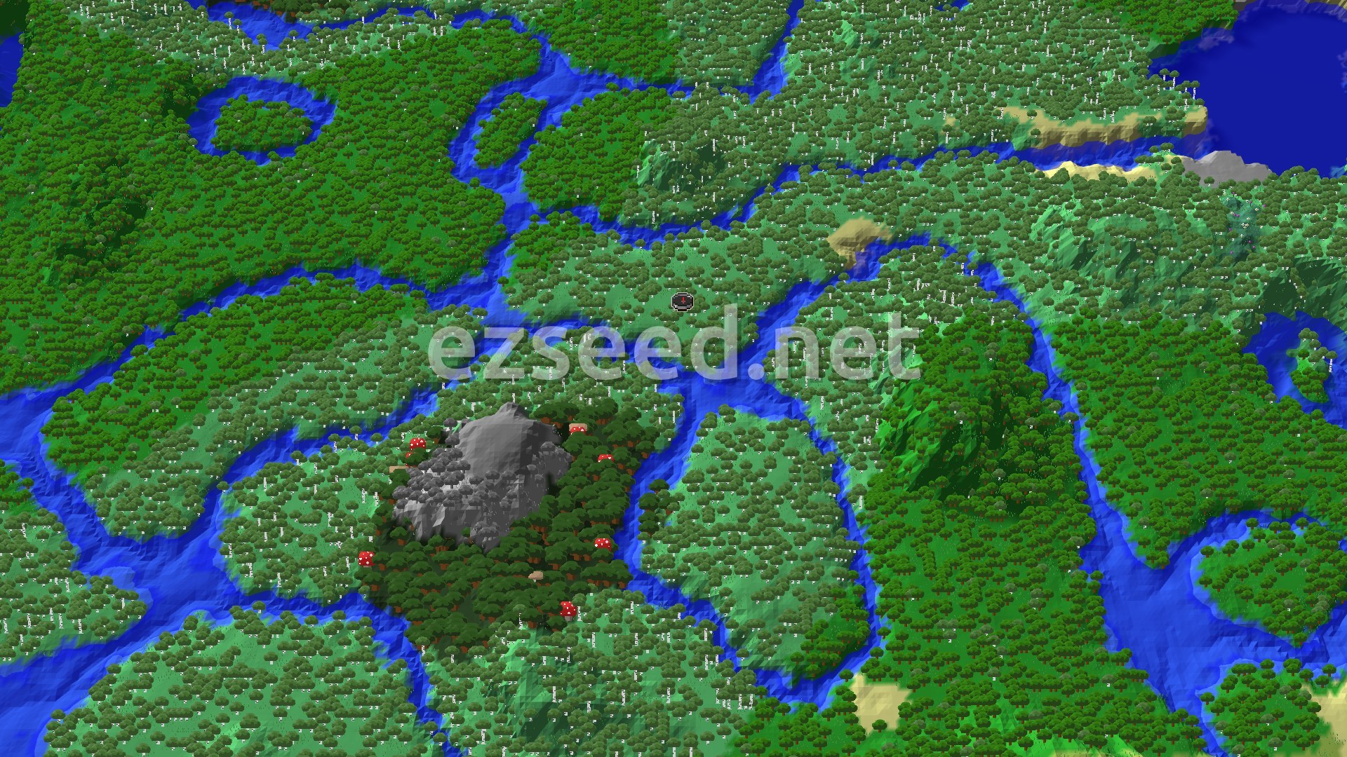 A bird's eye view of a varied forest landscape, showing rivers winding through dense green trees and a distinctive gray mountain with red mushrooms at its base. A small spawn marker is visible near the center.