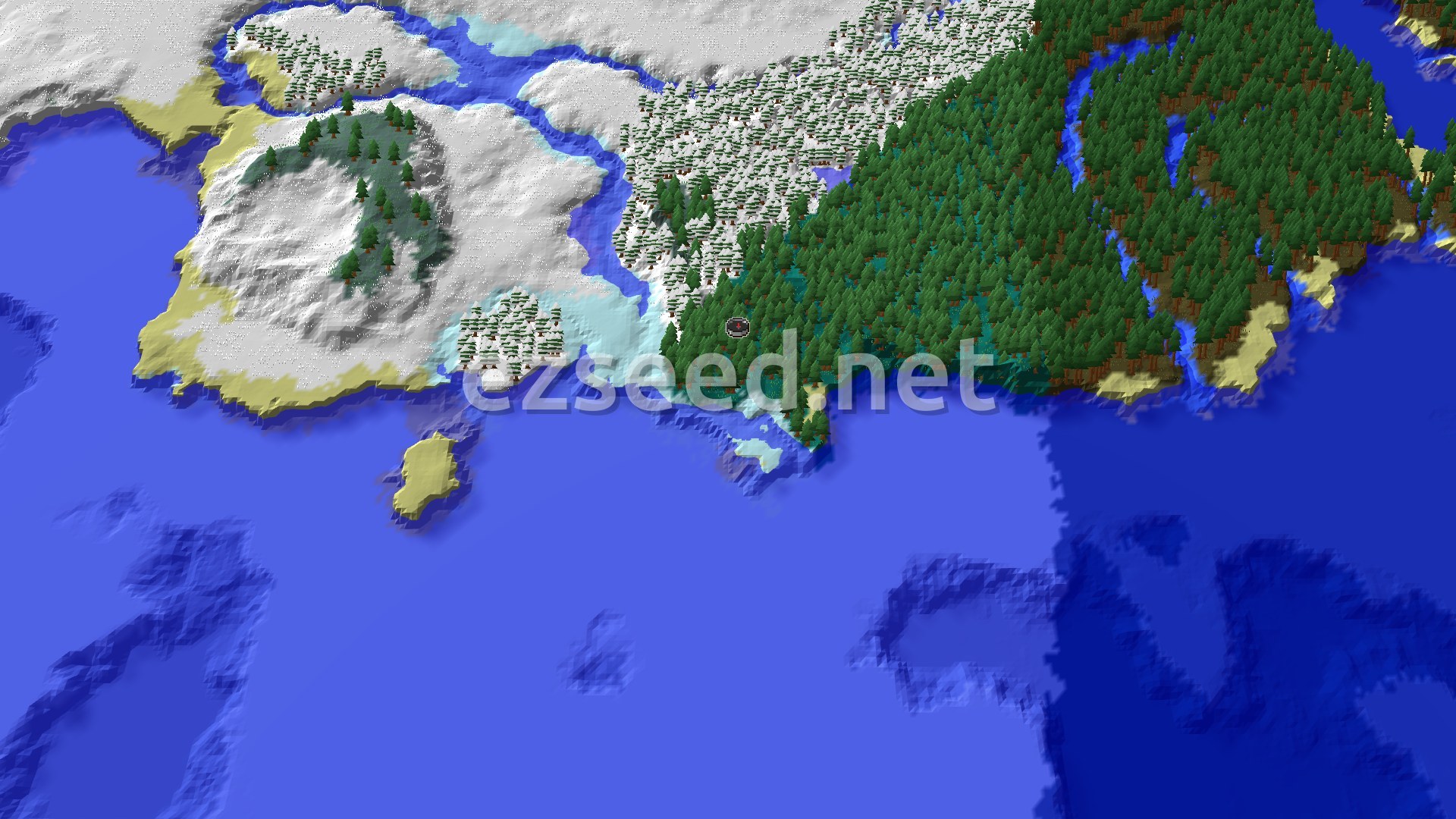 An overhead view of a large landmass with a distinct tree line. To the left, a snow-covered mountainous region meets a sandy beach. A frozen river snakes through the snow. To the right, a dense, dark green taiga forest extends towards the ocean, with sandy patches along the coastline. The water is a deep blue, with some lighter blue areas indicating shallower frozen water near the shore. A small spawn marker is visible within the taiga forest.