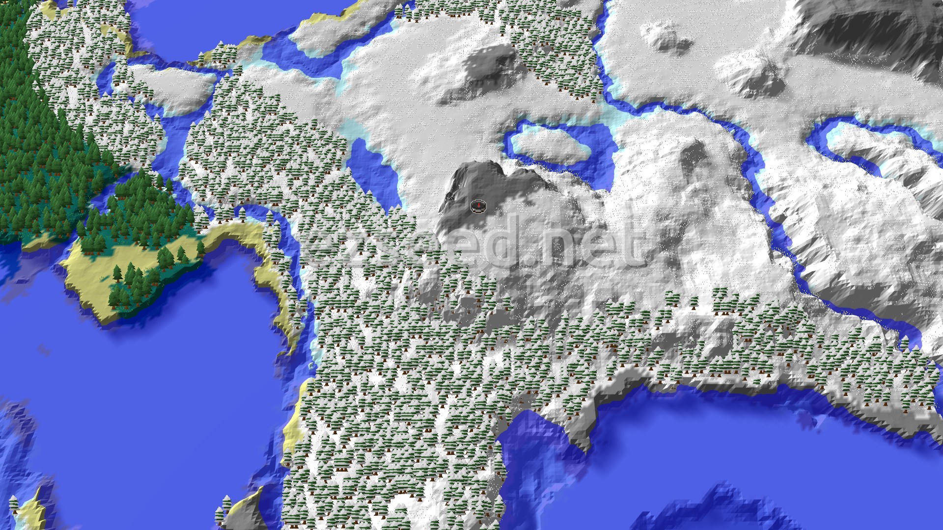 A 3D overhead view of a snow-covered landscape with scattered evergreen trees, winding frozen rivers, and a large body of water to the left, with a small spawn marker in the center.