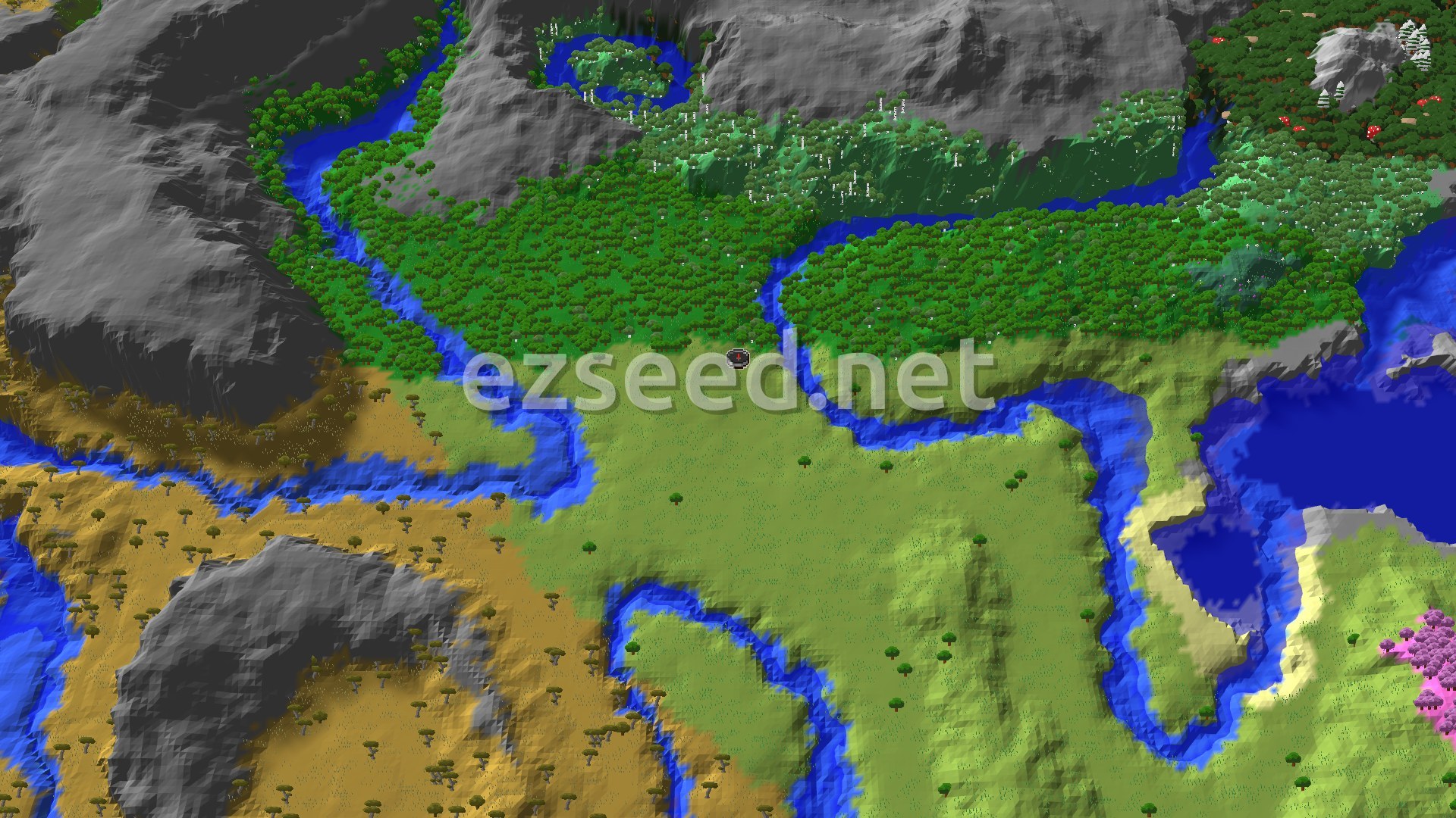 An aerial view of a Minecraft world showing a central plains biome bordered by forests, mountains, rivers, and a savanna, with a small marker at the center.