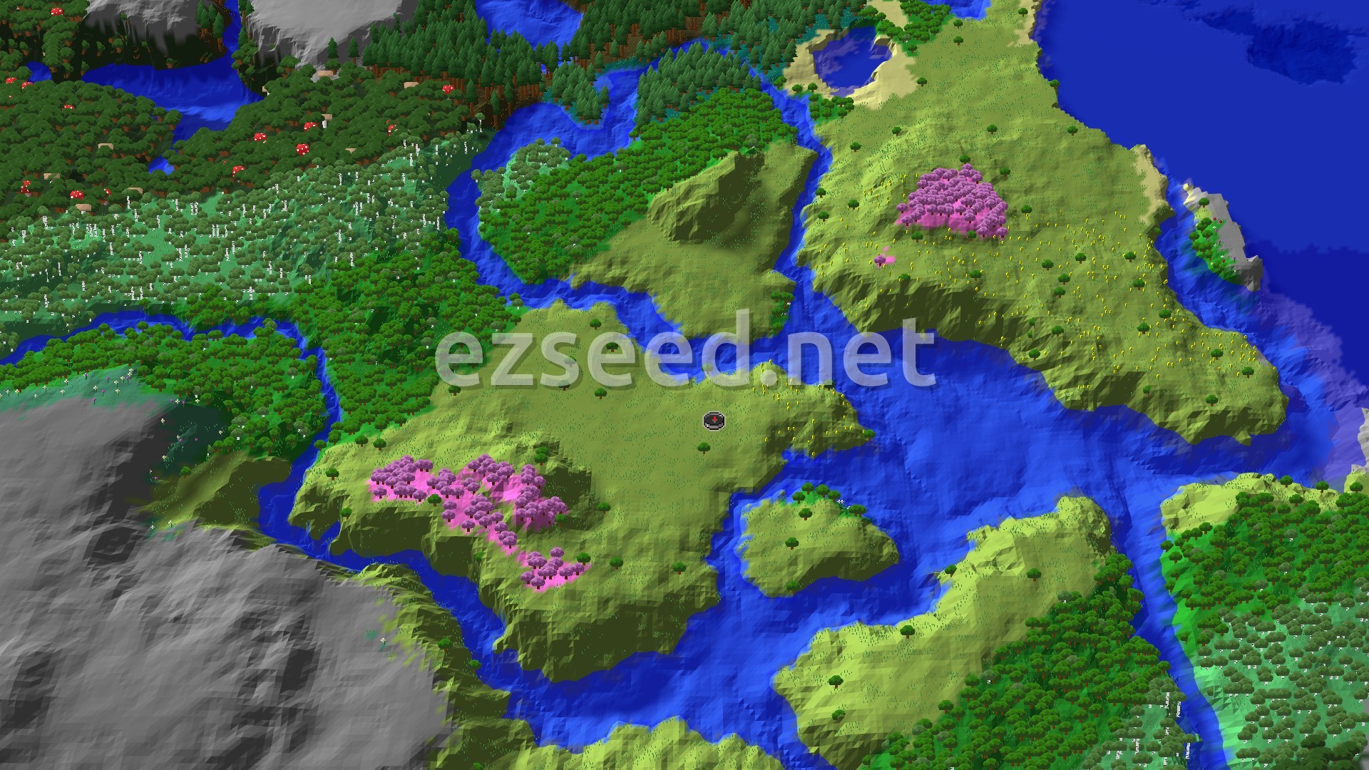An overhead view of a diverse landscape featuring green plains, rivers, forests, and patches of pink cherry trees, with a small spawn marker in the center.