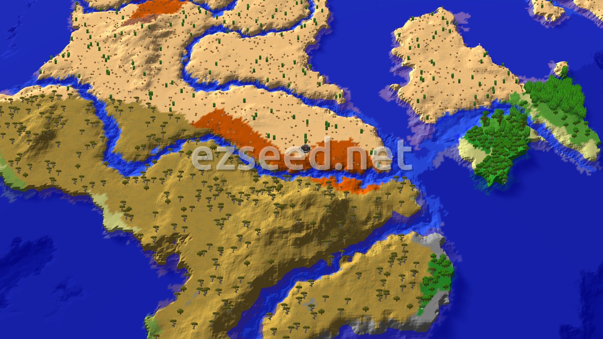 A 3D render of the world around spawn, showing desert and savanna biomes separated by a winding river, with some badlands terrain and ocean in the distance.