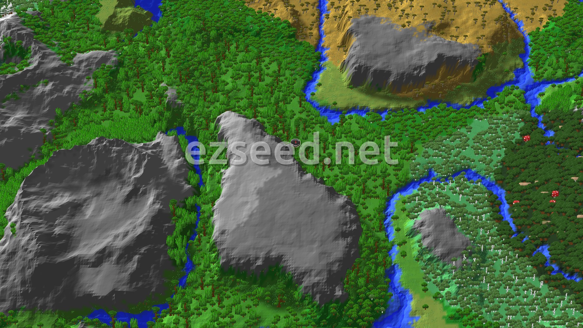 A 3D overhead view of a diverse landscape featuring a dense green jungle around spawn, with rivers, patches of savanna, and a few grey, rocky mountains.