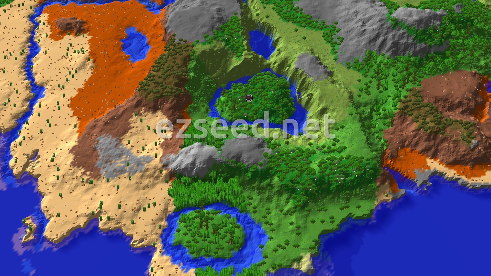 A 3D fly-over rendering of the seed's spawn area, showing a mix of forests, jungles, desert, and badlands biomes, with some rivers and a large ocean. A small marker indicates the spawn point.