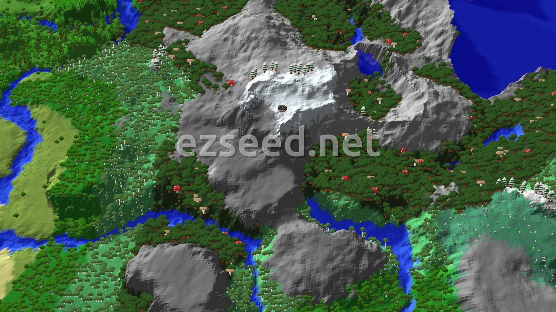 A 3D render of a mountainous spawn area with snow-capped peaks, dark forests, and a river winding through, centered on the spawn point.