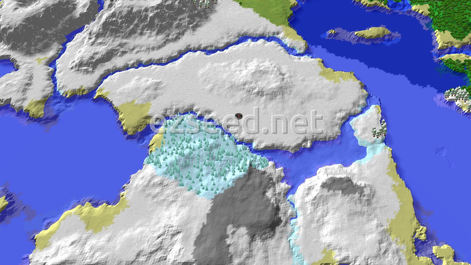 A 3D fly-over of a snowy landscape with a large frozen ocean, an area of ice spikes, and scattered forests, with a small spawn marker in the center.