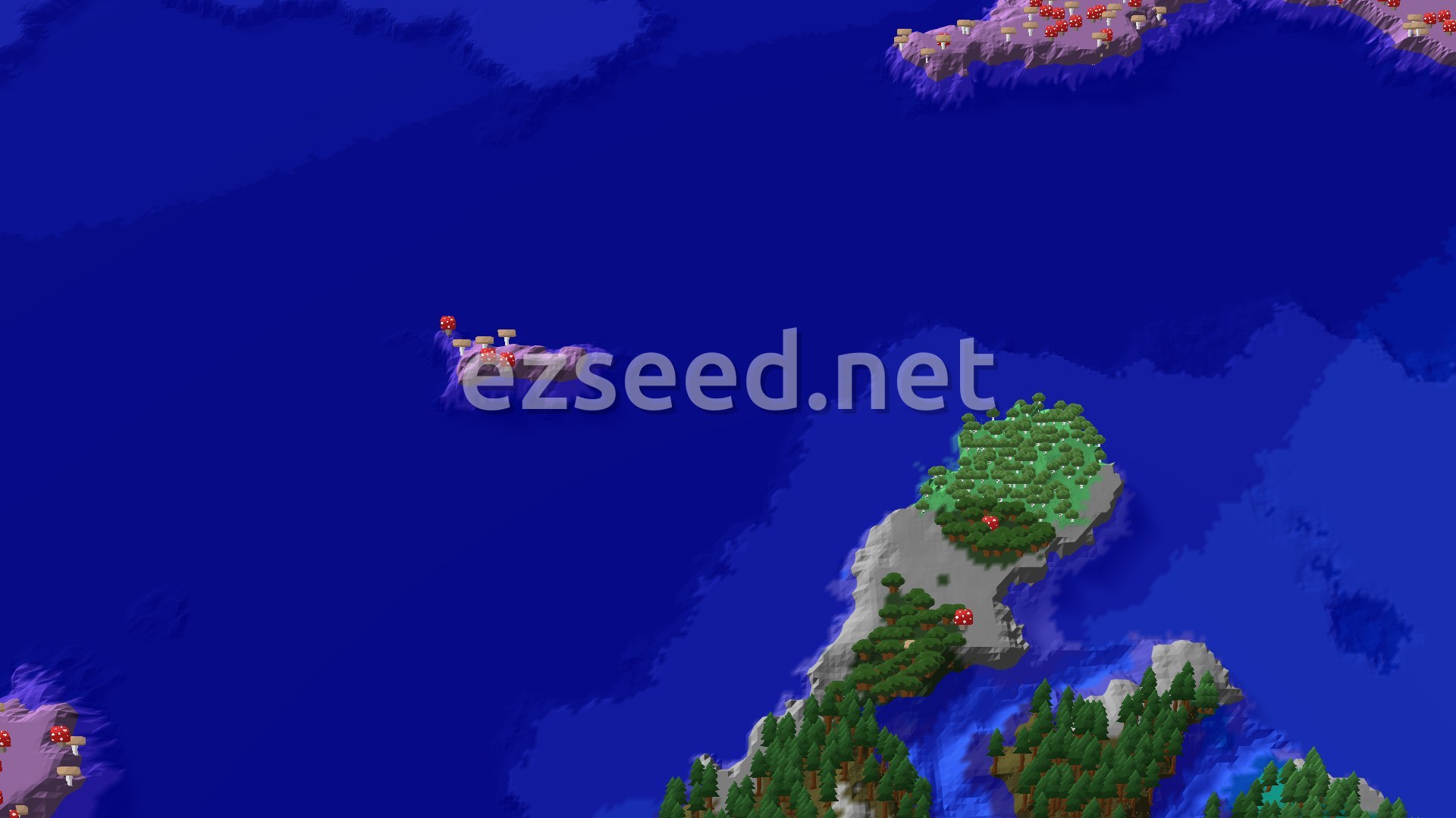 An aerial view of a deep blue ocean with several islands, one large, forested island in the foreground and smaller mushroom fields islands in the mid-ground and background.