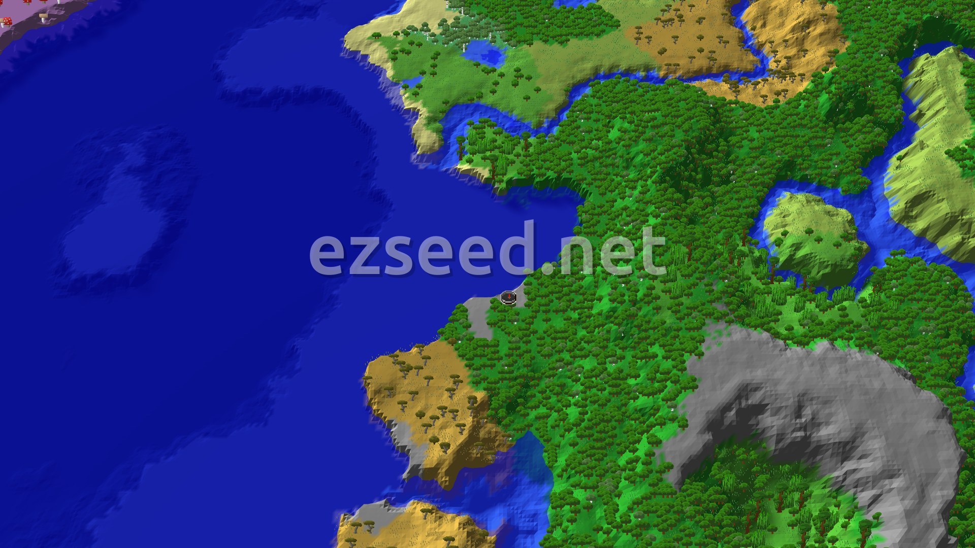 Aerial Minecraft seed map — Forest Spawn with Nearby Jungle Temple and Ocean