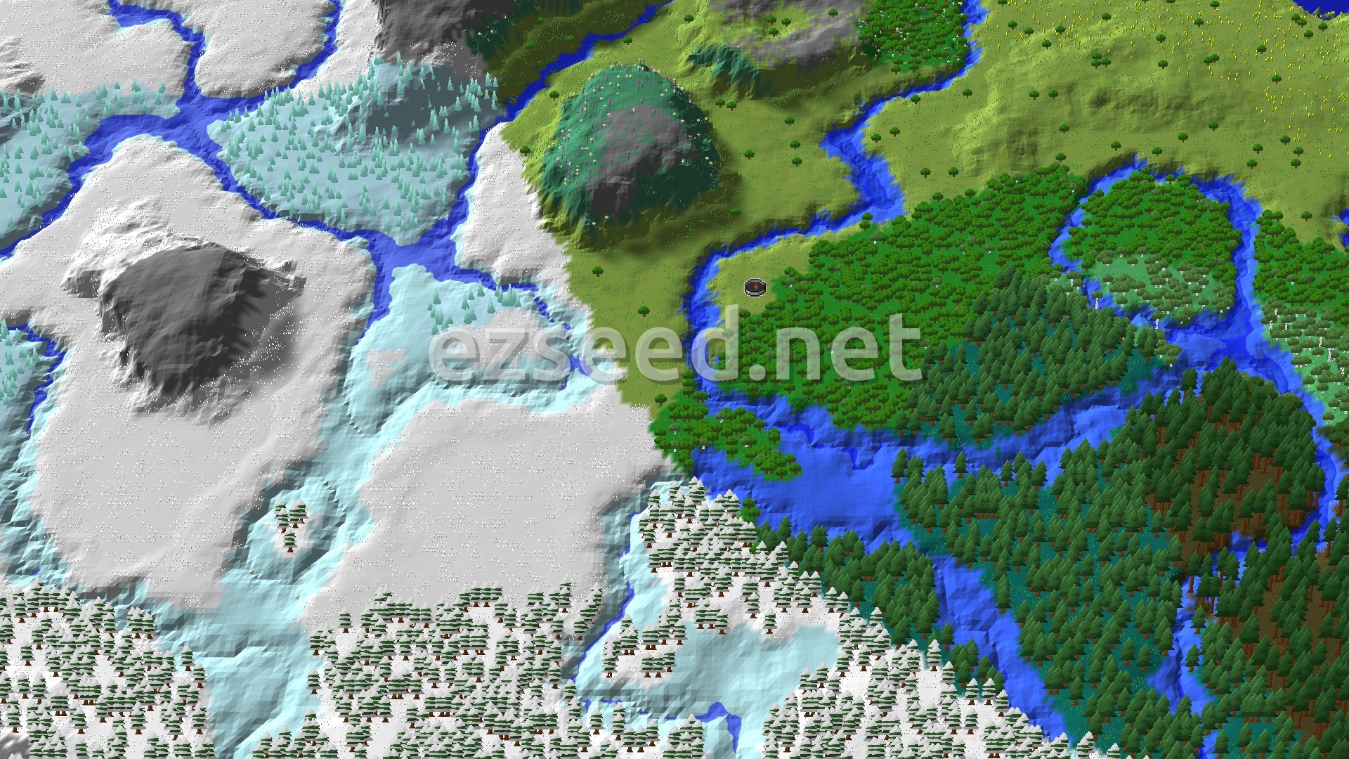 A 3D overhead view of a diverse landscape featuring green plains and forests to the east, transitioning into snowy plains and ice spikes with dark mountains to the west, all bisected by a winding river. A small marker indicates the spawn point near the center.