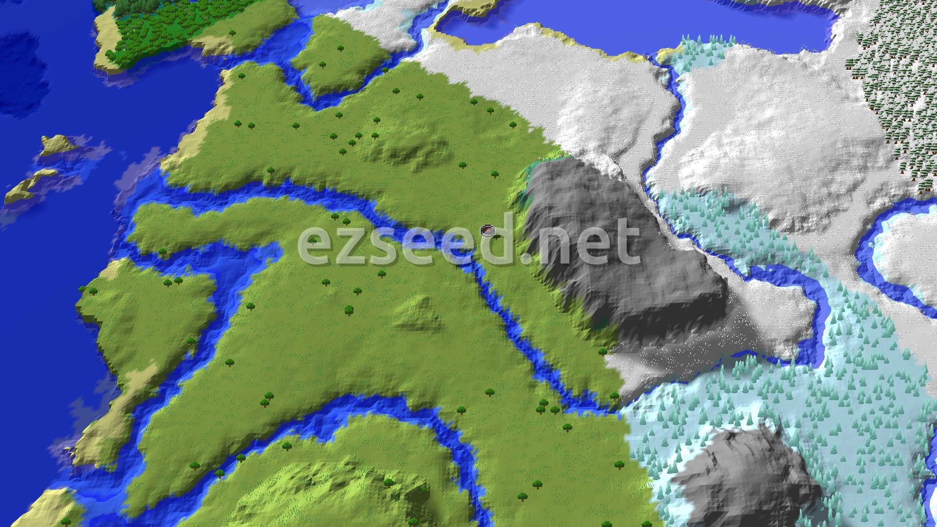 An aerial view showing a central green plains biome with a river winding through it, bordered by snowy mountains and a large body of water to the west.