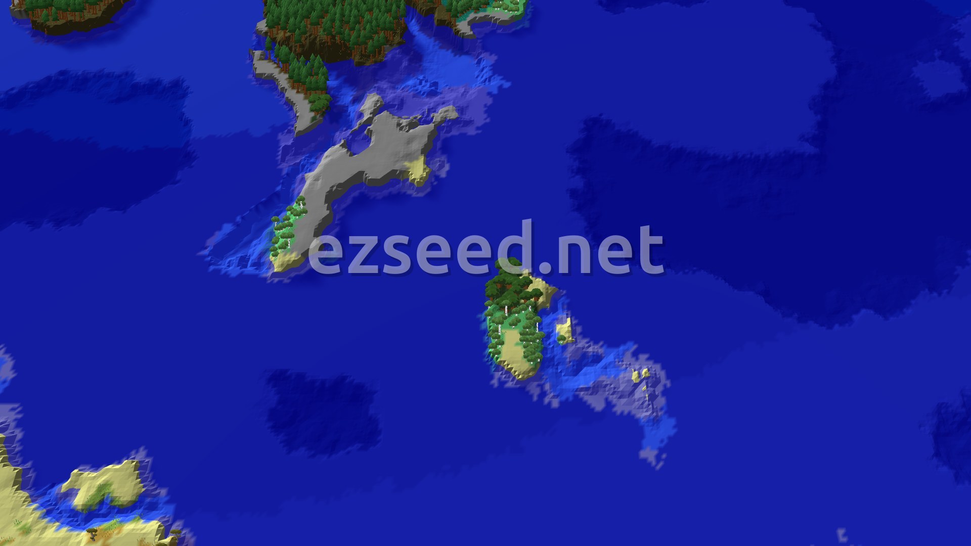 An overhead view of an ocean dotted with islands, including a mangrove swamp near the center with a small spawn marker.