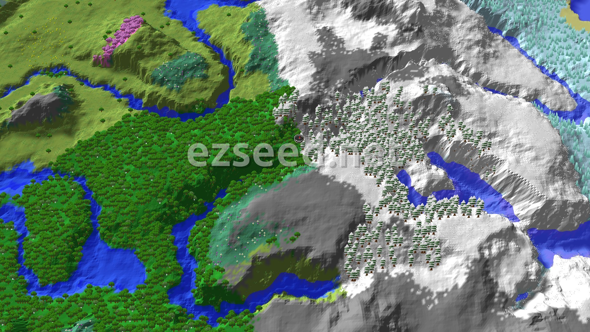 A 3D render of a Minecraft world showing a dense green forest next to towering, snow-capped mountains and icy rivers, with a small pink cherry grove in the distance.