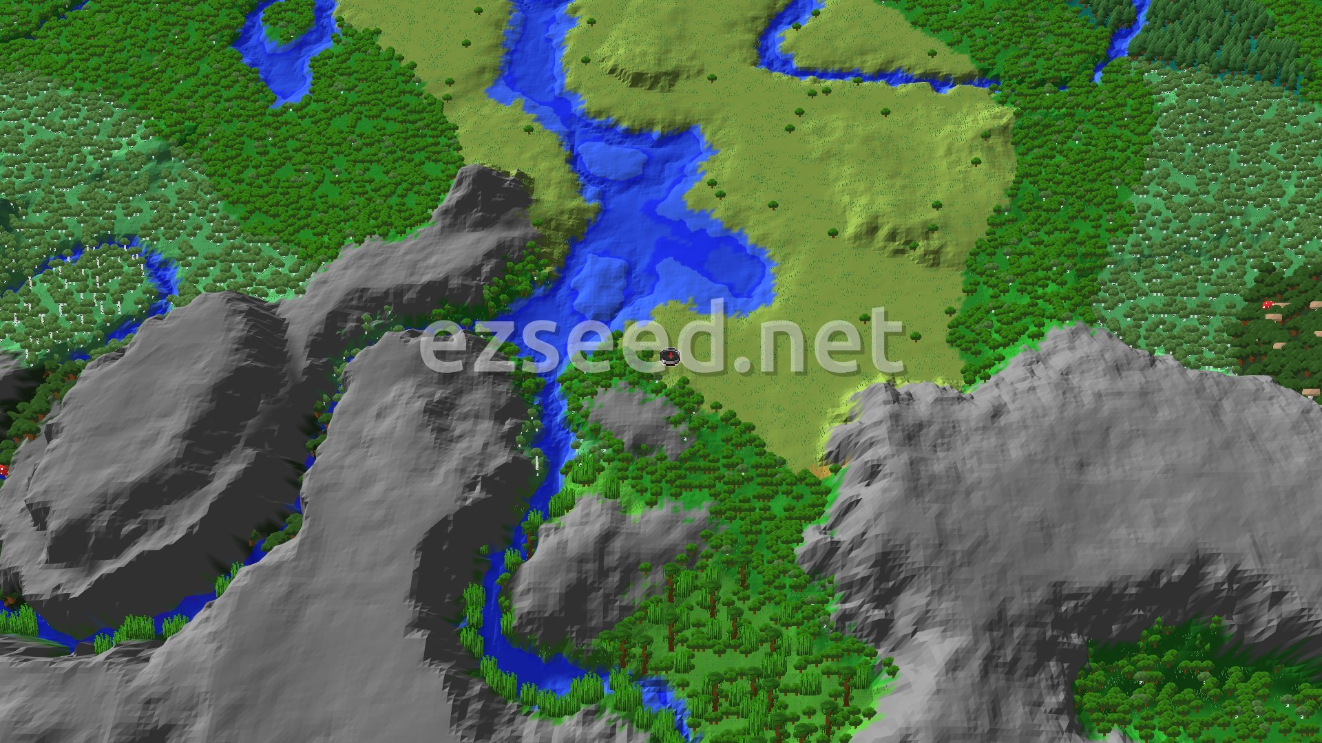 An aerial view of a Minecraft landscape featuring a wide river winding through plains and forests, bordered by tall, rocky mountains.