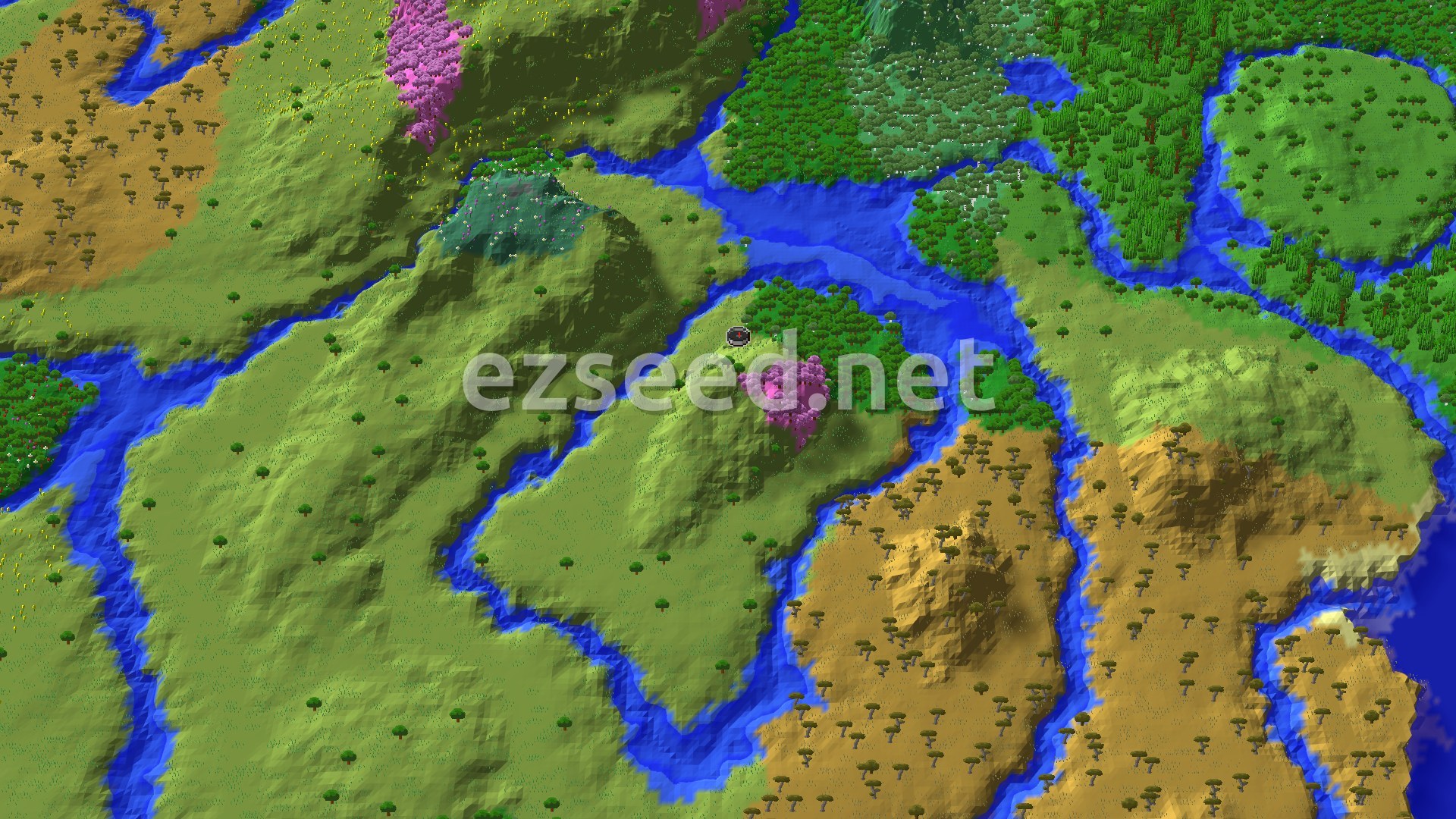 An aerial view showing a diverse landscape with green plains, a pink cherry grove, a winding river, and a savanna biome to the south. A spawn marker sits near the cherry grove.