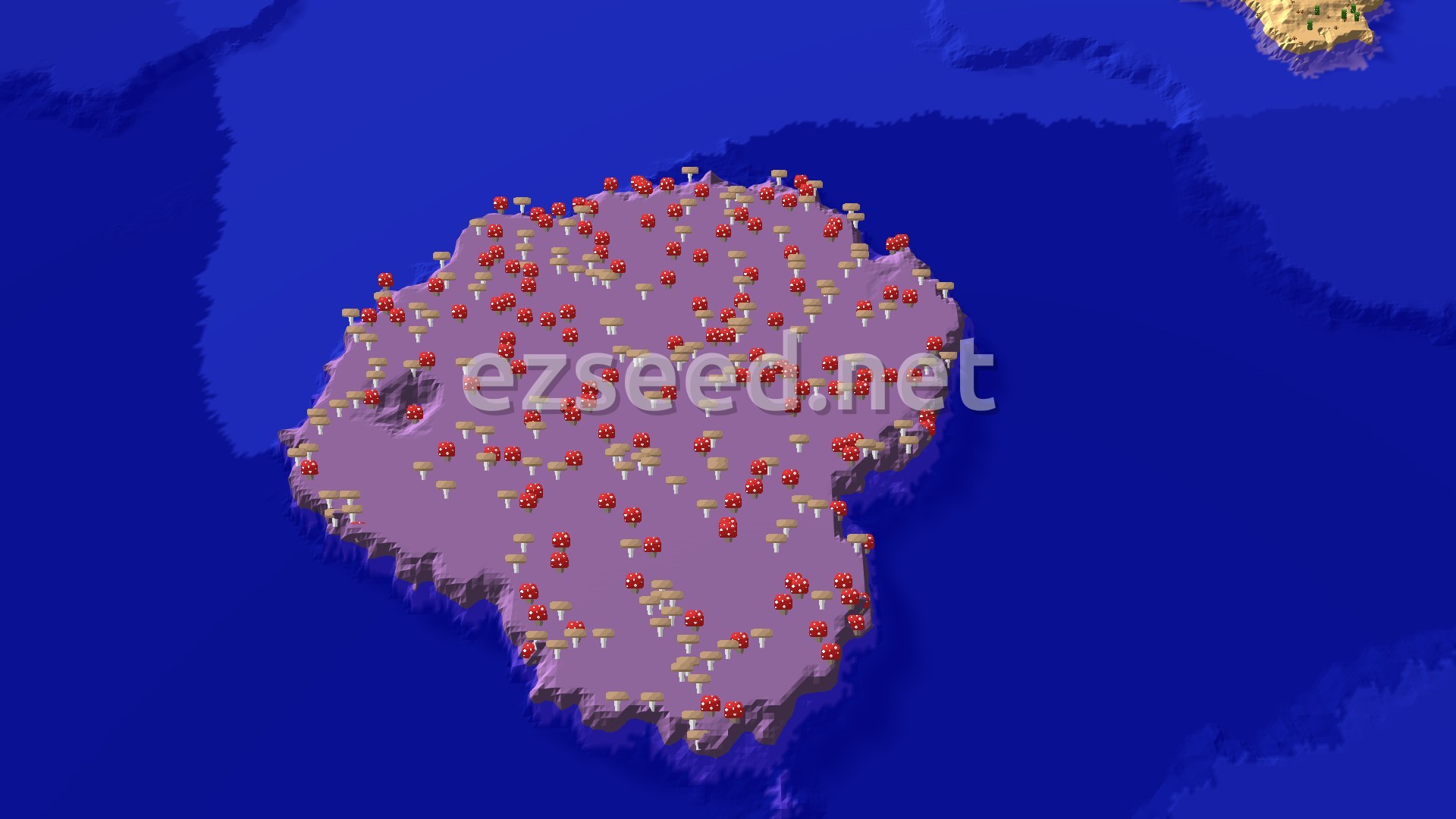 Aerial Minecraft seed map — Mushroom Fields Island with Coastal Savanna