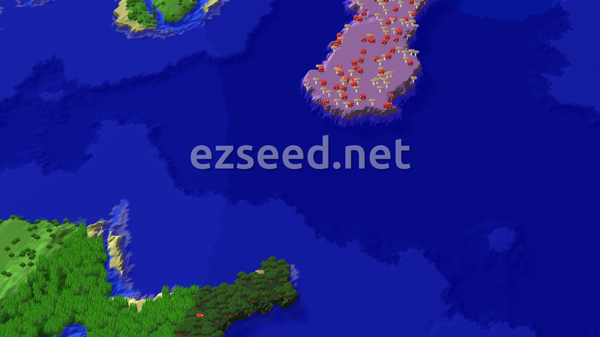 A 3D fly-over of a blue ocean with a large mushroom fields island to the north-east and a smaller jungle island to the south-west, with a tiny spawn marker in the center.