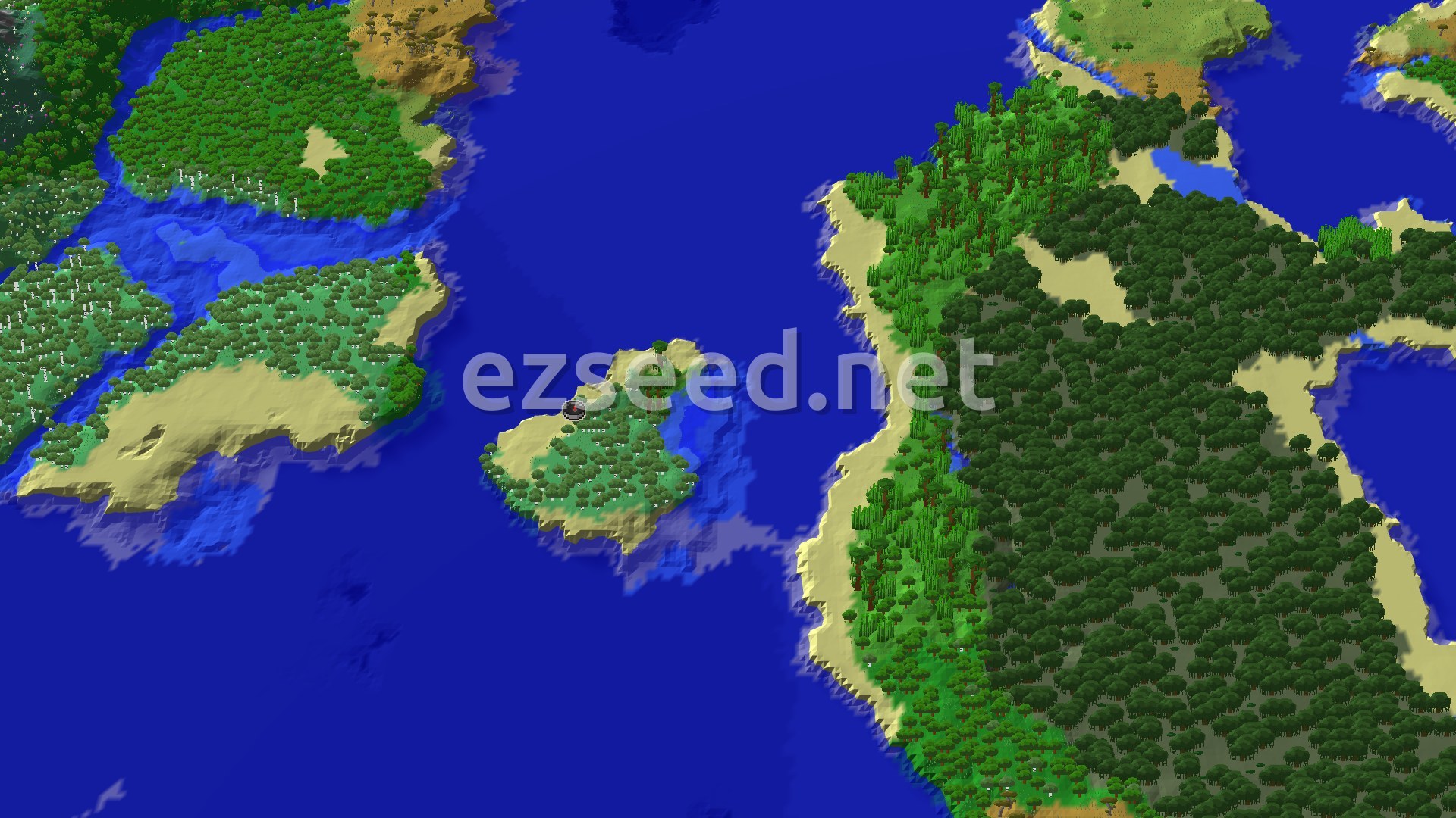 A 3D fly-over of a world with several large islands covered in trees, surrounded by blue ocean. One small island has a spawn marker.