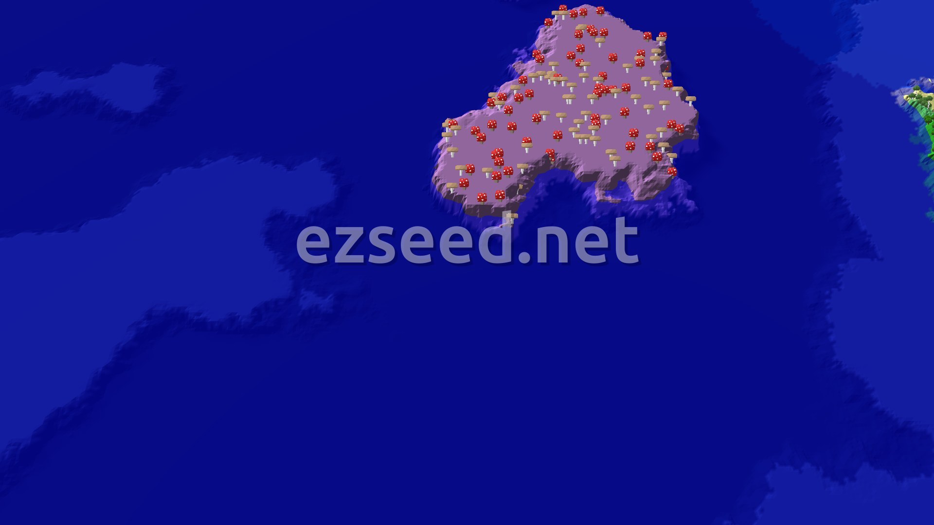 A 3D render of a Minecraft world showing a large mushroom fields island in a dark blue ocean, with a small spawn marker on a birch forest shoreline to the right.