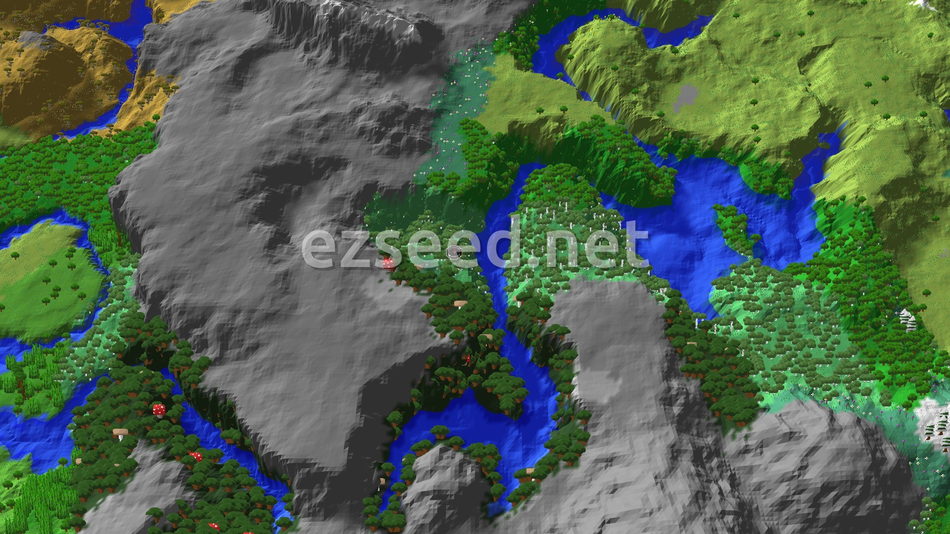 An aerial view of a varied landscape with rivers cutting through forests, meadows, and mountains, with a small spawn marker in the center.