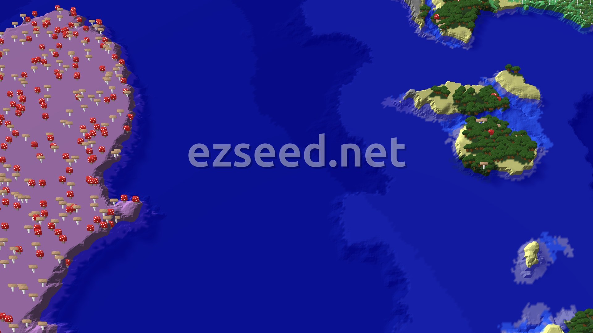 A 3D render showing islands covered in dark green trees and some with red and white mushrooms, surrounded by deep blue ocean, with a large mushroom fields biome on the left.