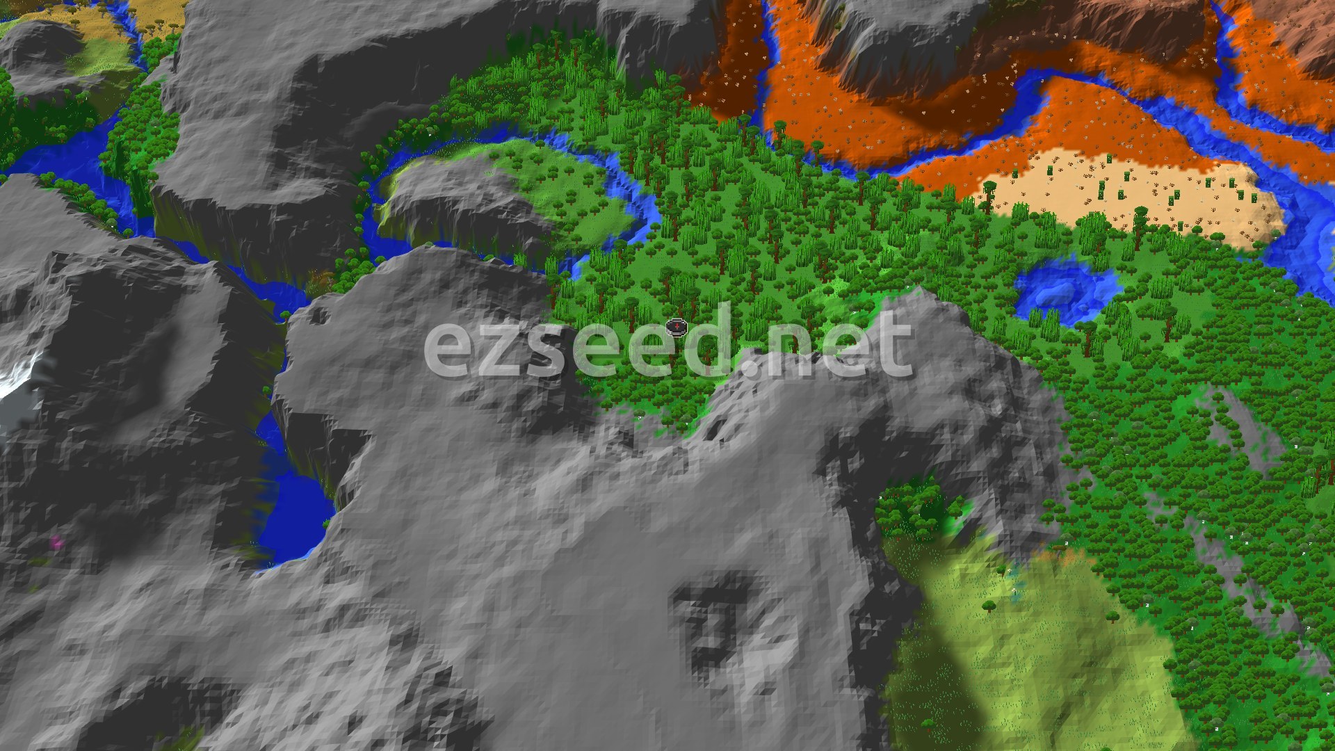 A bird's-eye view of a verdant jungle biome at the center, surrounded by grey mountains and a winding river, with hints of badlands and savanna biomes in the distance.