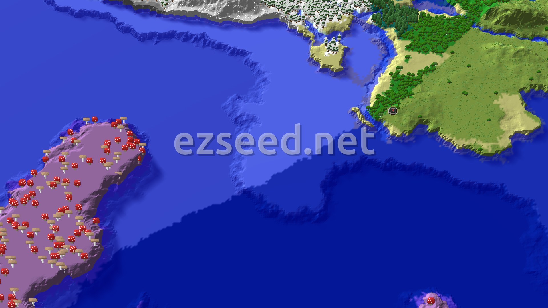 An aerial 3D view shows a spawn marker on a green plains biome, with a large blue ocean stretching out. To the northwest, there are snowy mountains and forests, and to the southwest, a distinctive purple island covered in red mushrooms.