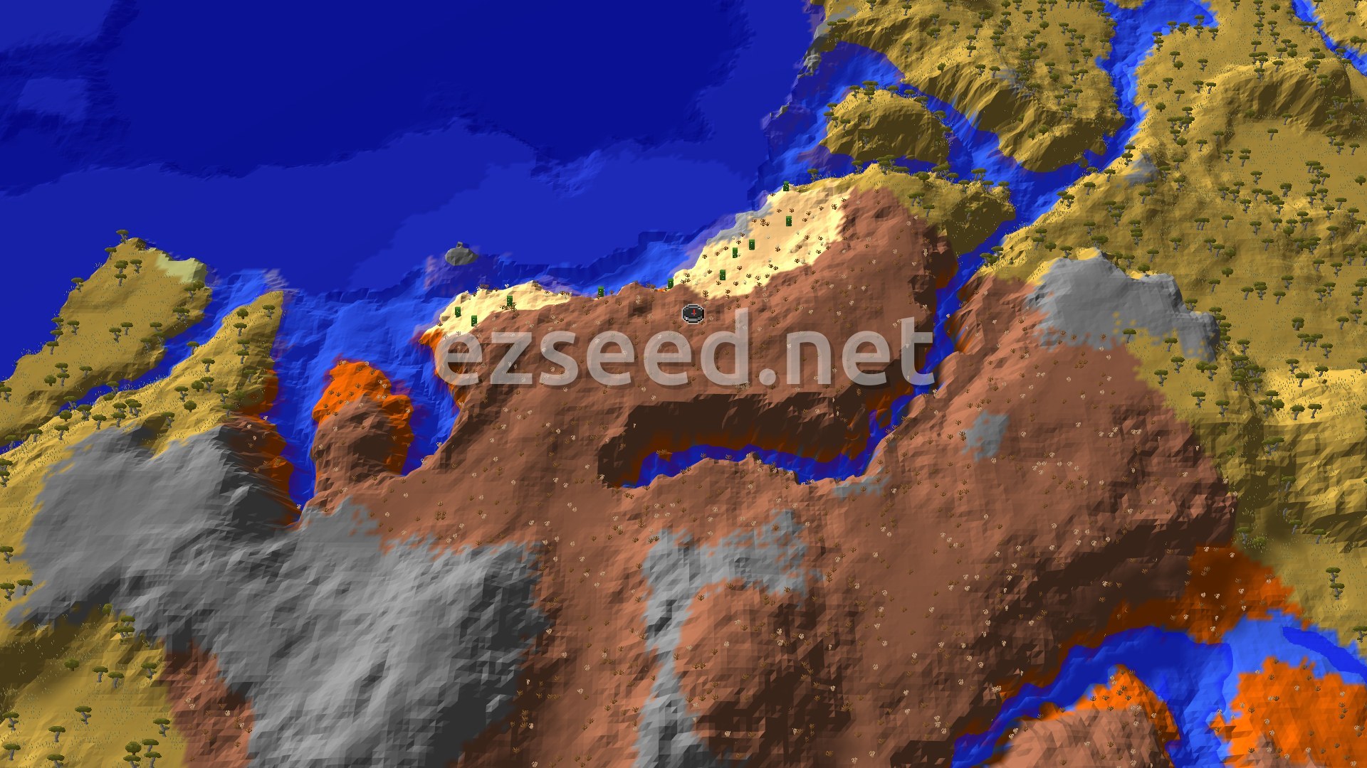 An aerial view shows a vast, orange-brown eroded badlands biome at the center, flanked by a lighter savanna with sparse trees, and a deep blue ocean to the north and west. Rivers cut through the landscape, and a patch of gray stony shore is visible.