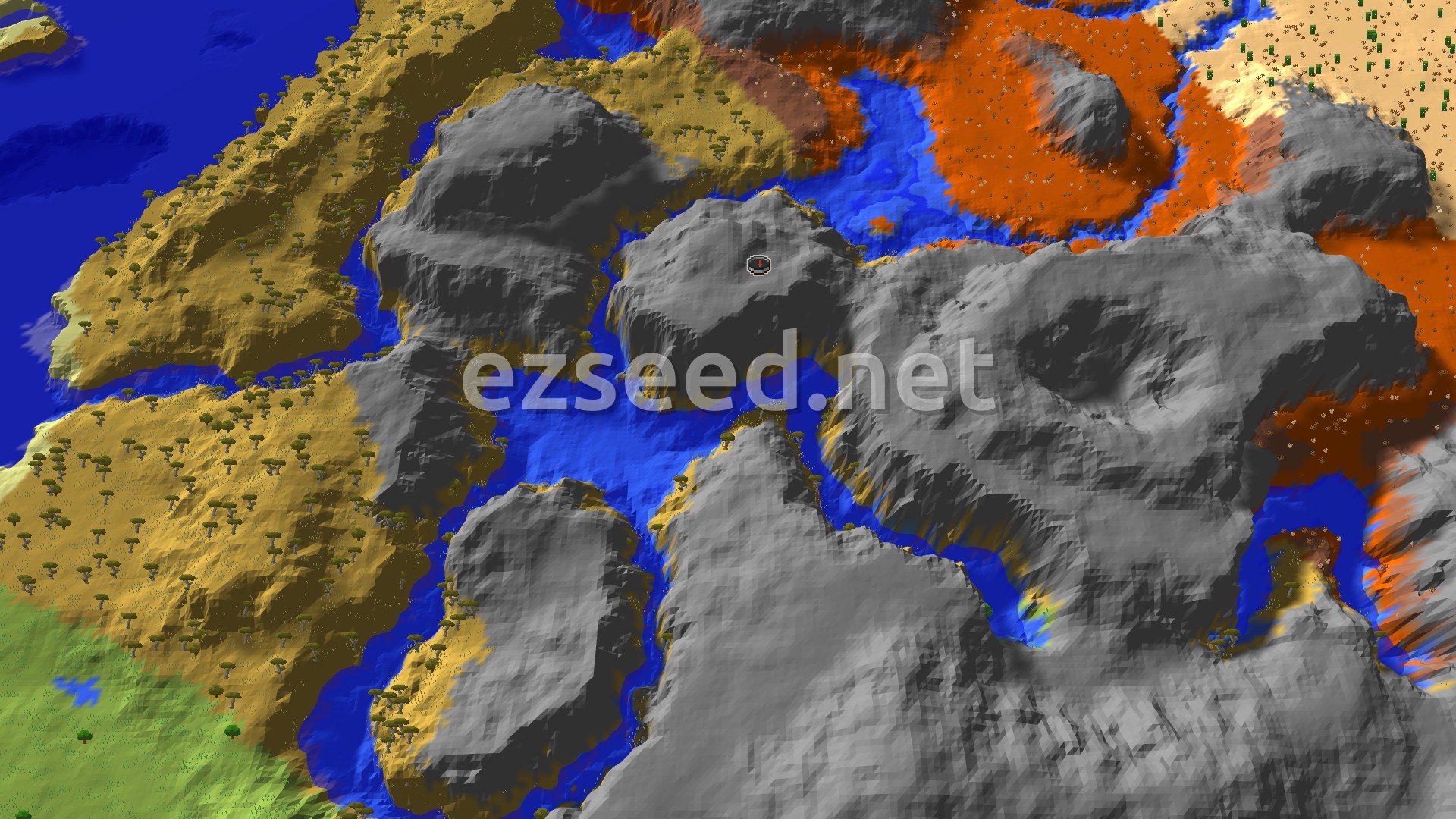 A 3D overhead view of a diverse landscape featuring a large Savanna Plateau with scattered acacia trees, bordered by winding rivers and steep grey mountains. Further away, patches of red badlands are visible.