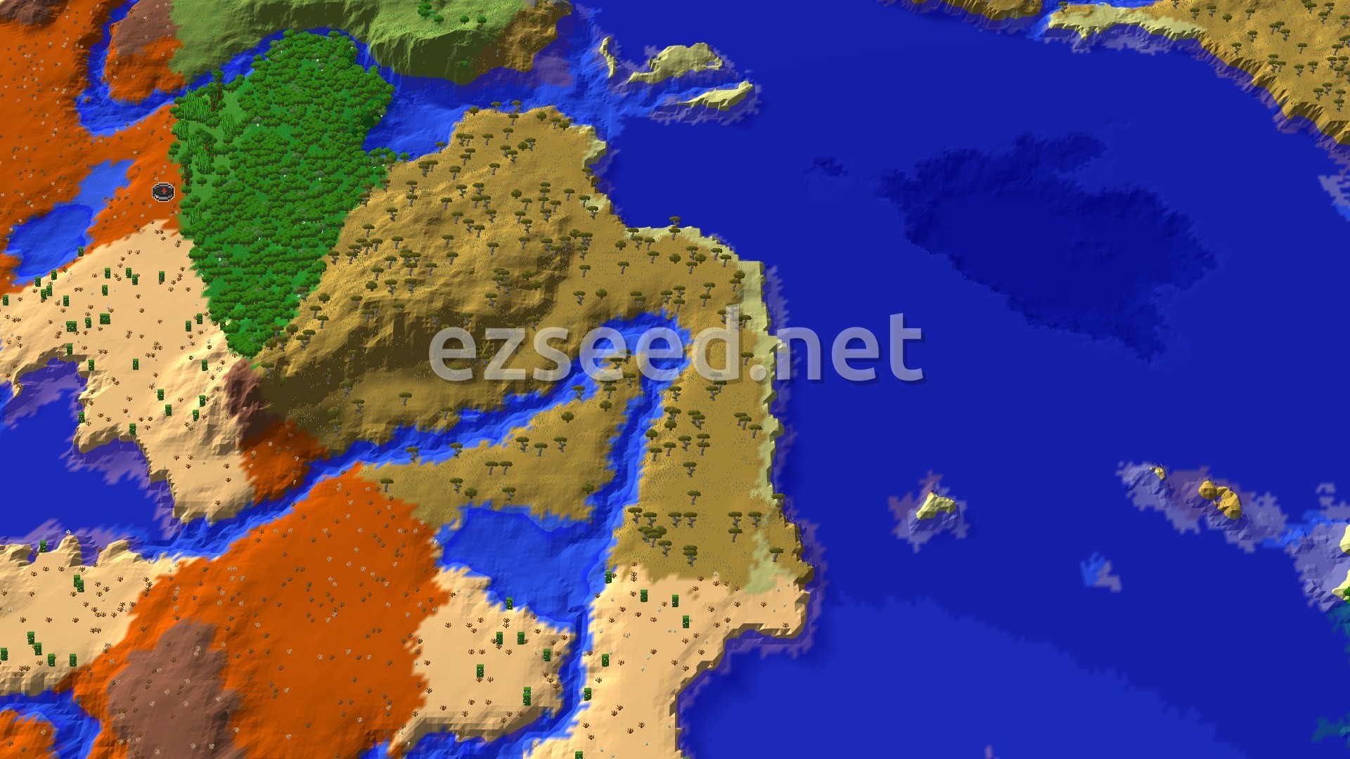 A bird's-eye view of a varied landscape, with lush green forests, yellow-brown savannas, and orange badlands meeting blue oceans and rivers. A small spawn marker is visible near the center.