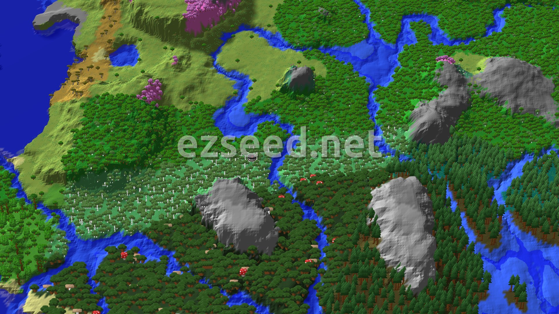 A 3D overhead view shows a dense forest landscape with a winding river, several rocky hills, patches of lighter green meadows, and some areas of pink-leafed trees.
