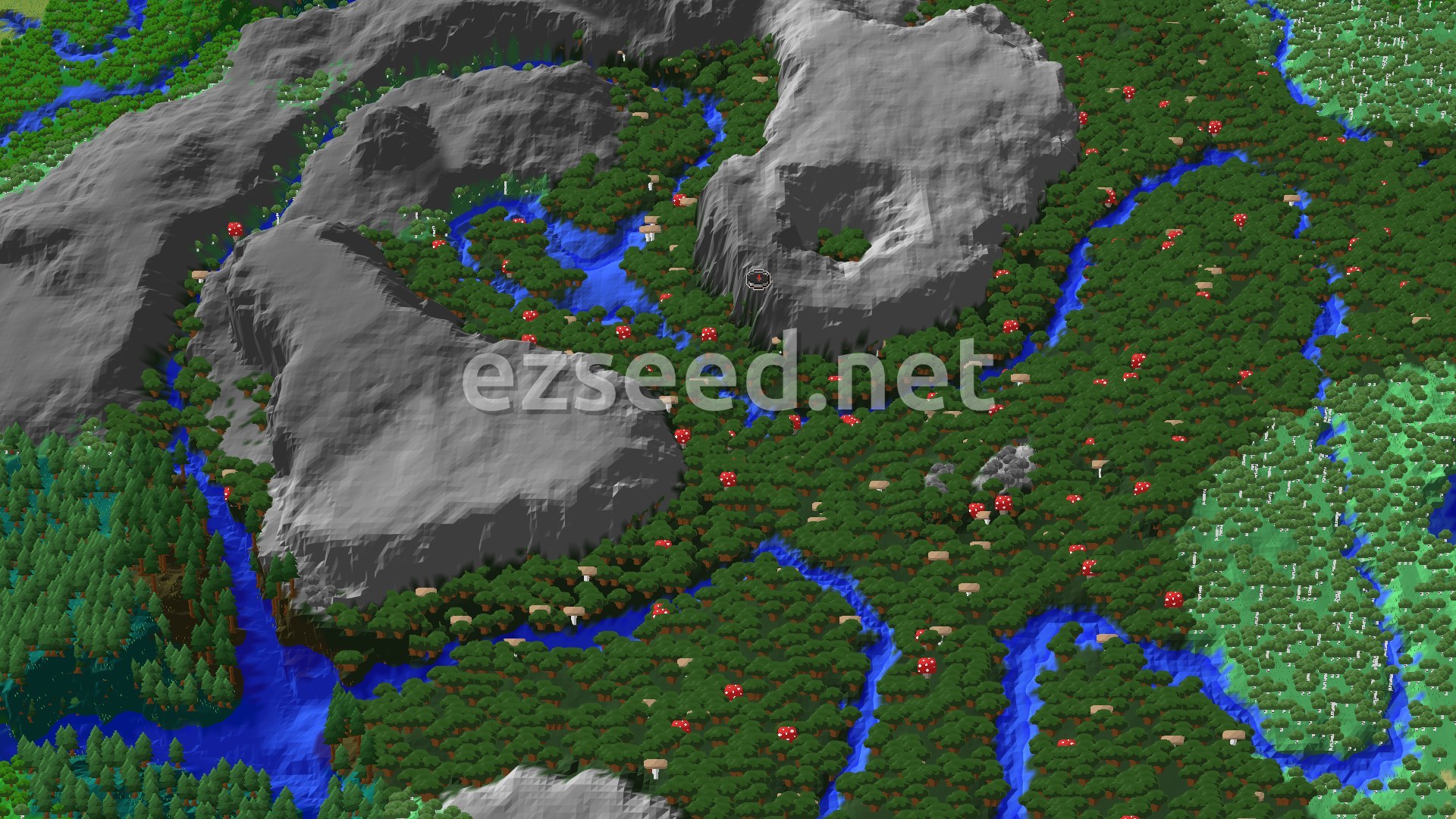 A 3D fly-over of a dense Dark Forest with large grey mountains and winding blue rivers, showing many red mushrooms and some small clearings.