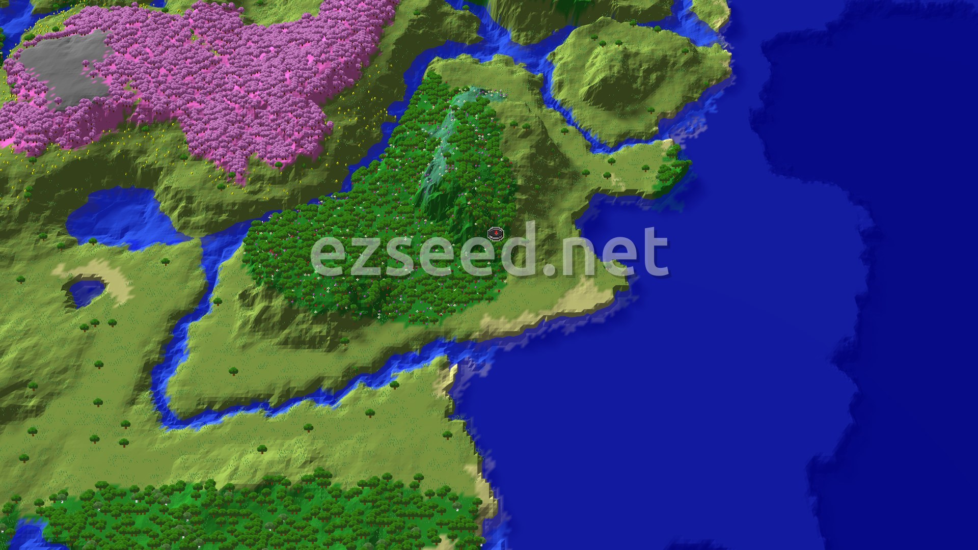 Aerial Minecraft seed map — Flower Forest Spawn with Near Abandoned Village
