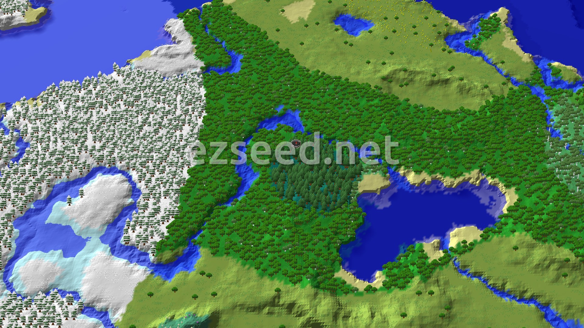 Aerial Minecraft seed map — Taiga Spawn with an Abandoned Village Nearby