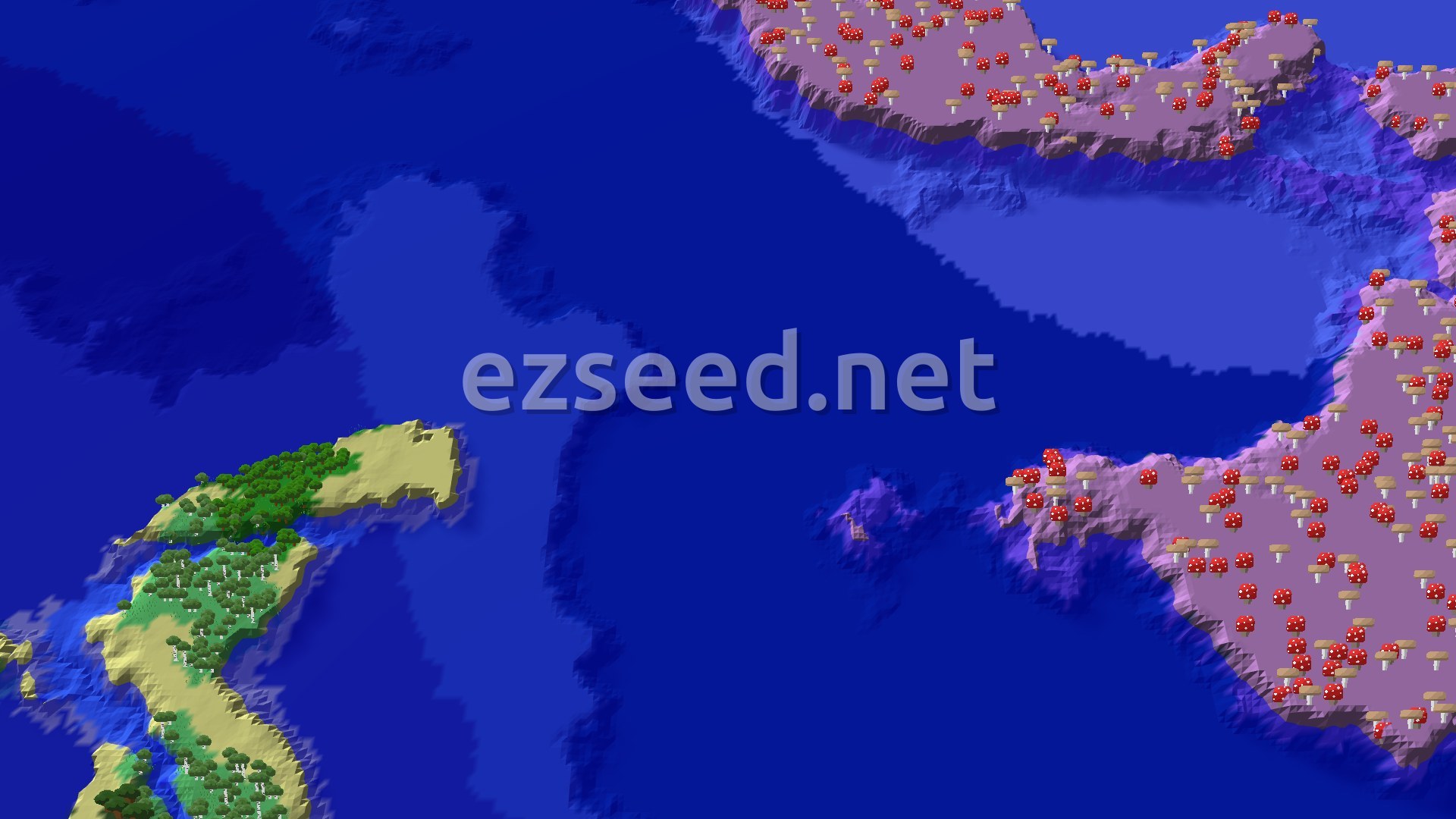 An overhead 3D view shows a large body of water, with an island covered in birch trees to the southwest and a vast Mushroom Fields biome to the northeast, dotted with red mushrooms.
