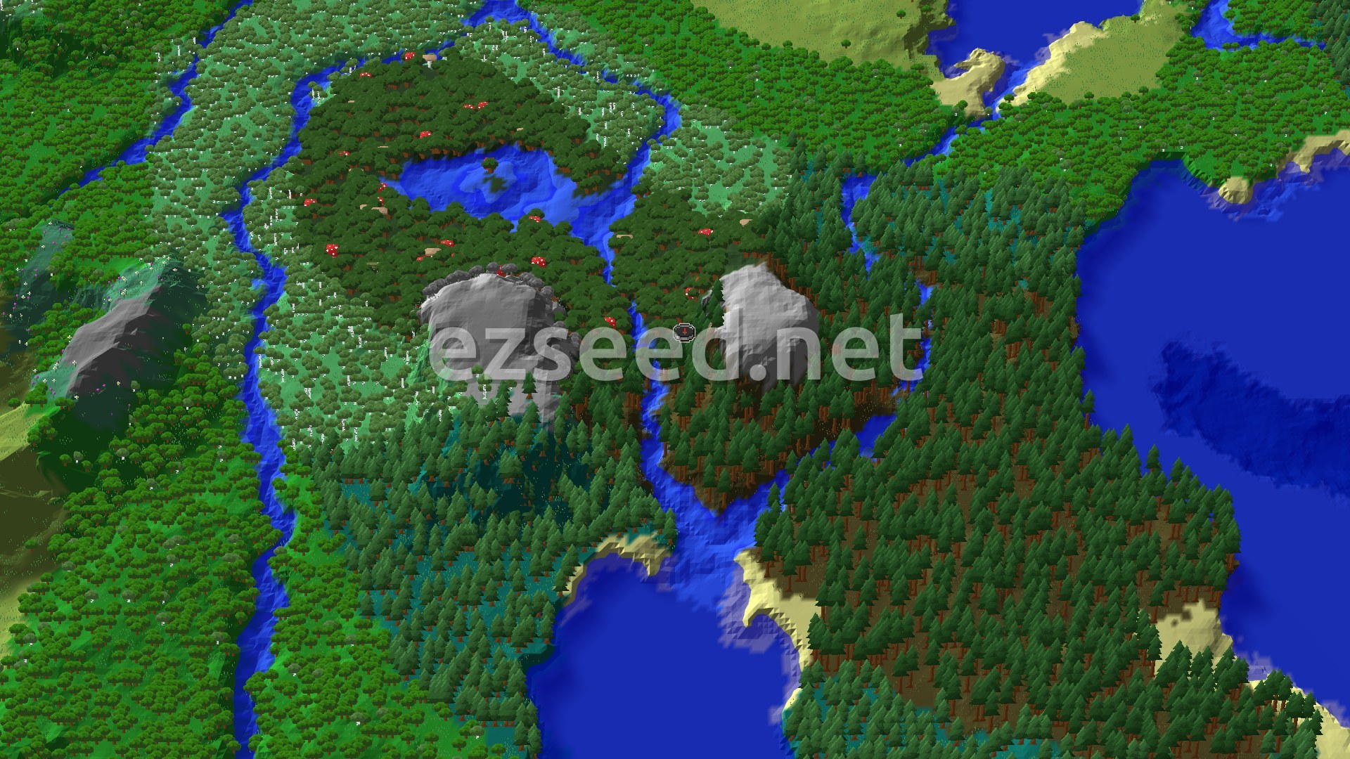 An aerial view of a dark forest biome with tall, dark oak trees and some red mushrooms, bordered by a river and a large body of water, with a small spawn marker in the center.